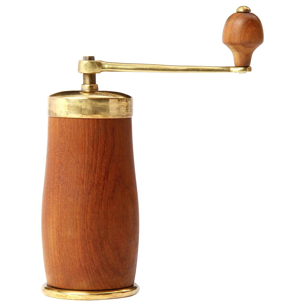 Teak and Brass Coffee Mill For Sale