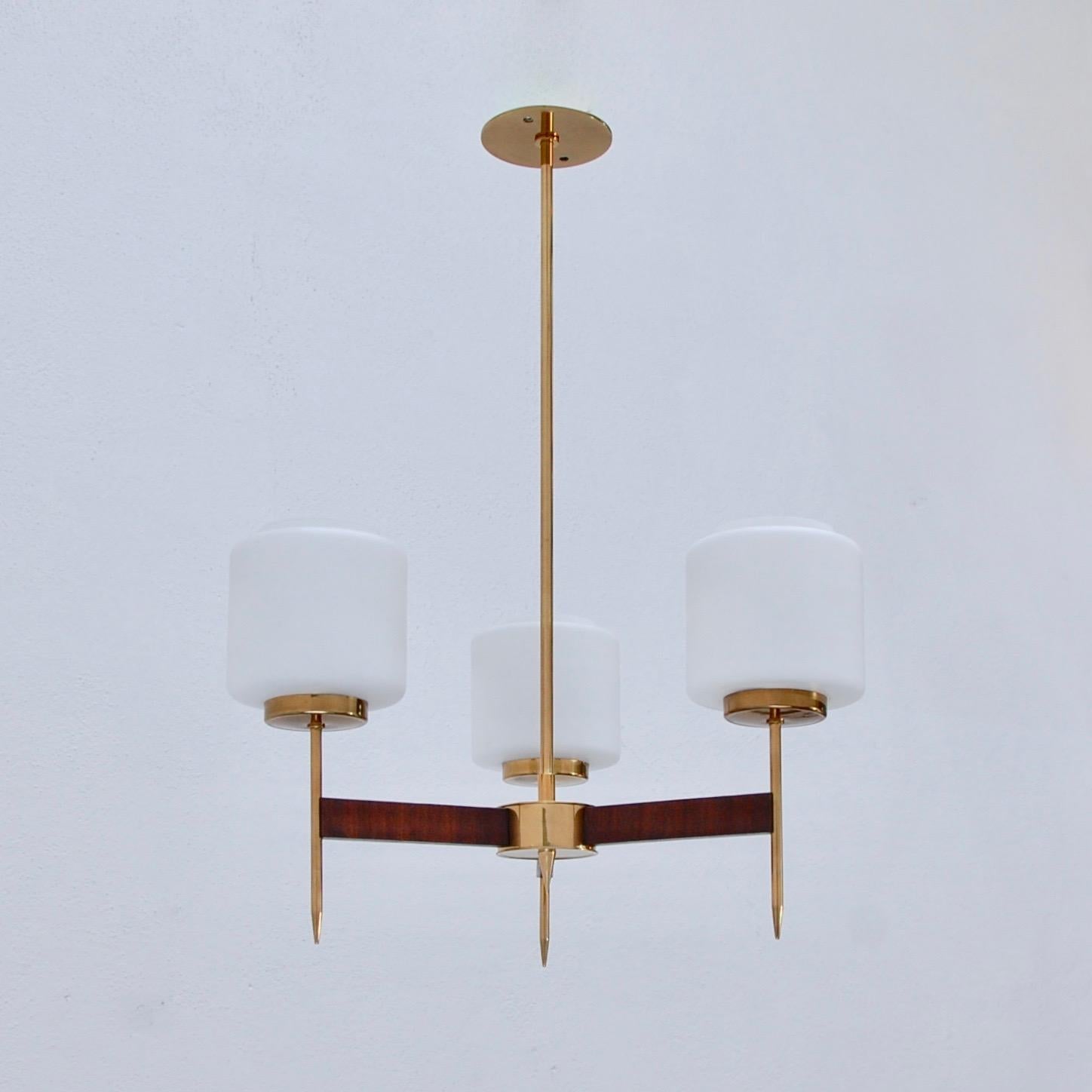 Elegant three shade hanging light in teak wood, brass and molded glass shades from 1950s Italy. Fully restore. Wired for the US with a single E12 candelabra based socket per shade. (3 total) Light bulbs included. Overall drop adjustable upon