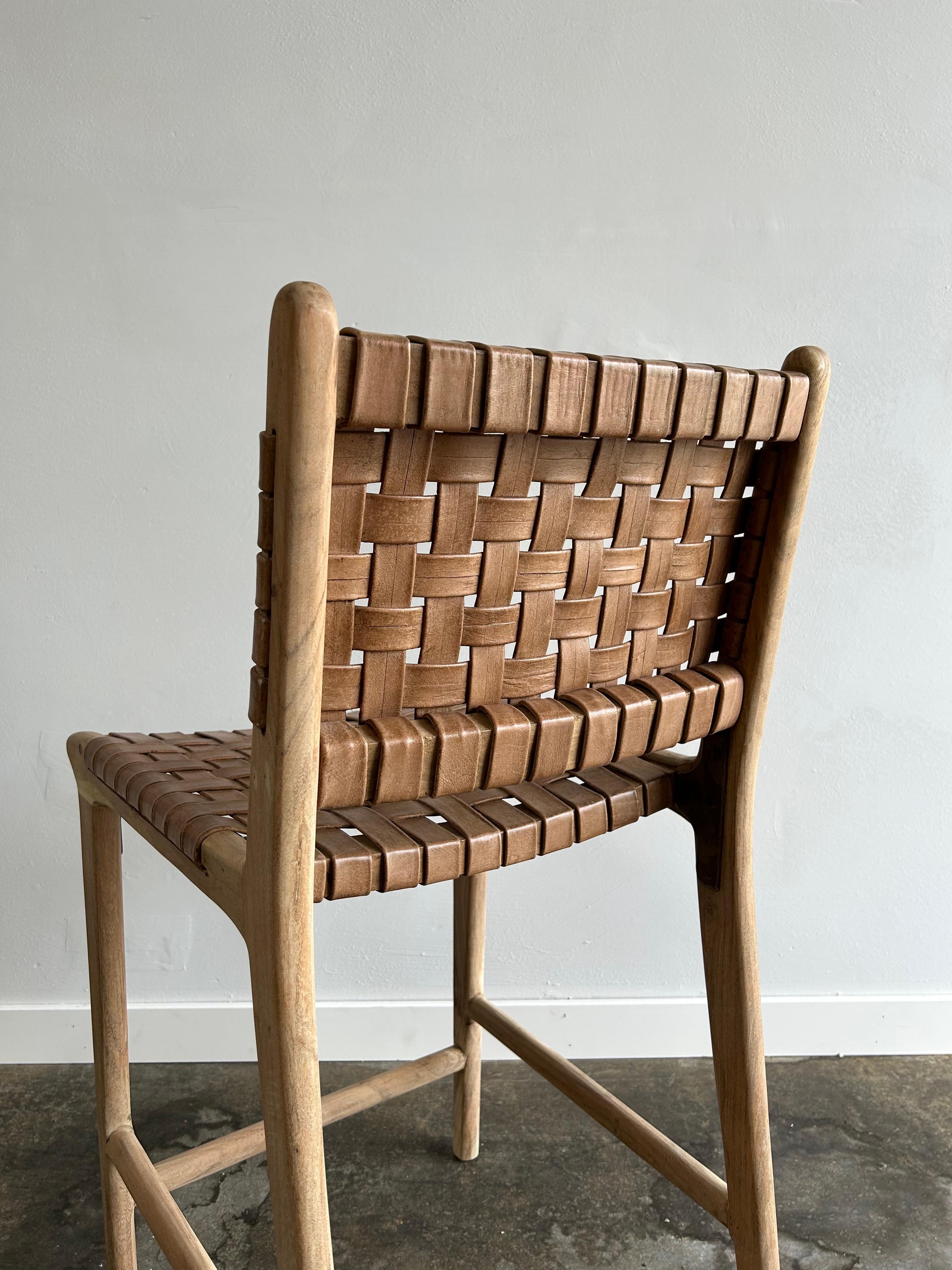 Contemporary Teak and Brown Woven Leather Strap Counter Stools For Sale
