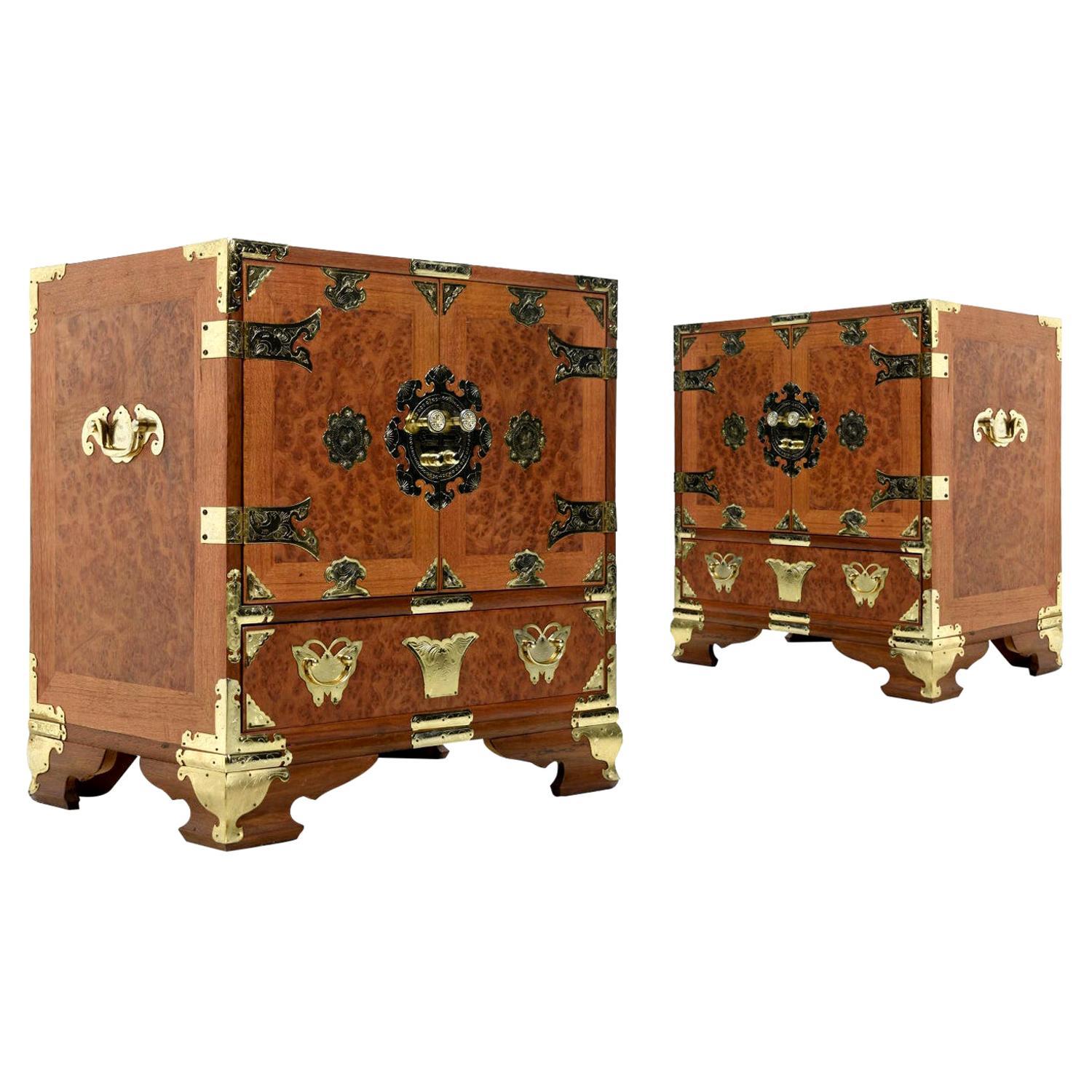 Teak and Burl Wood Chinese Campaign Nightstand End Tables with Brass Fittings