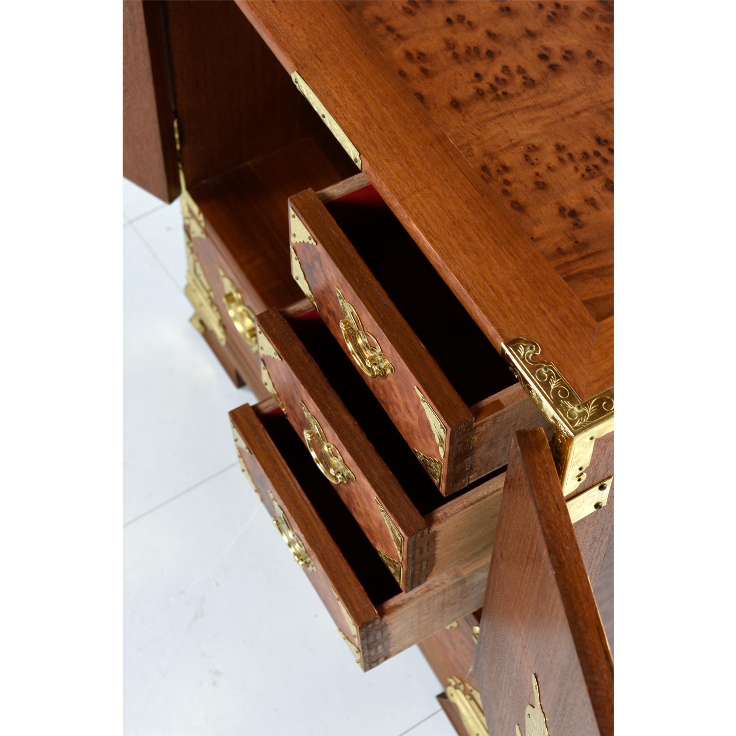 Late 20th Century Teak and Burl Wood Chinese Campaign Nightstand End Tables with Brass Fittings