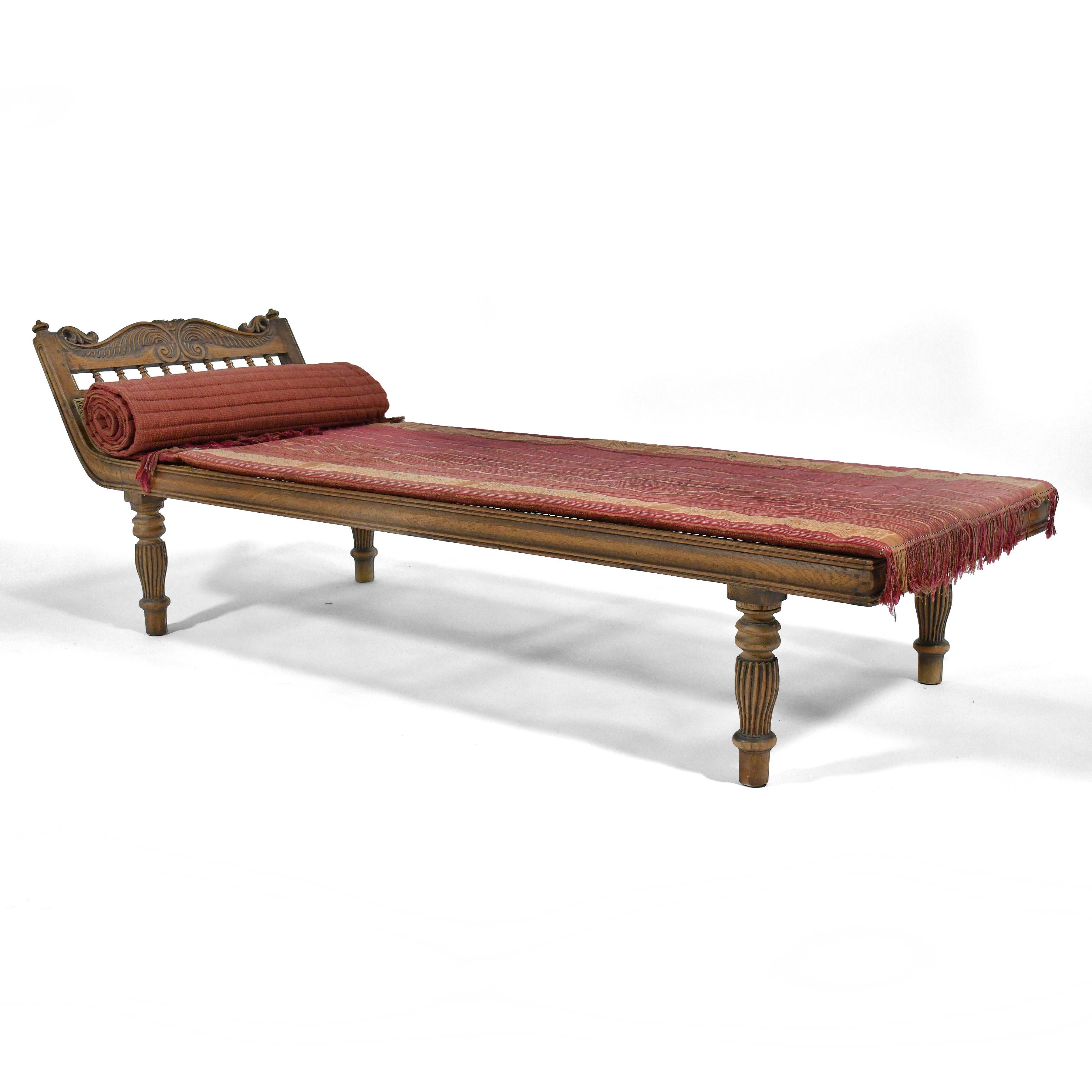 British Colonial Teak and Cane Colonial Chaise Lounge For Sale