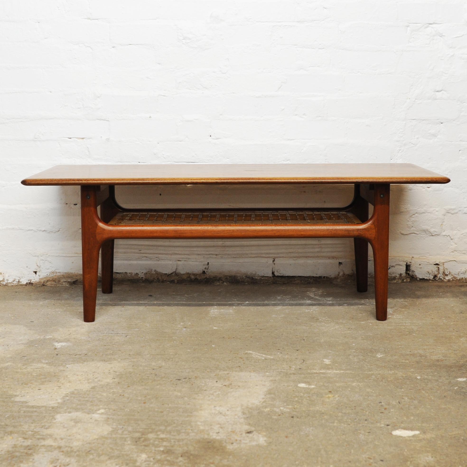 Mid-Century Modern Teak and Cane Danish Coffee Table by Trioh Mobler, 1960s For Sale