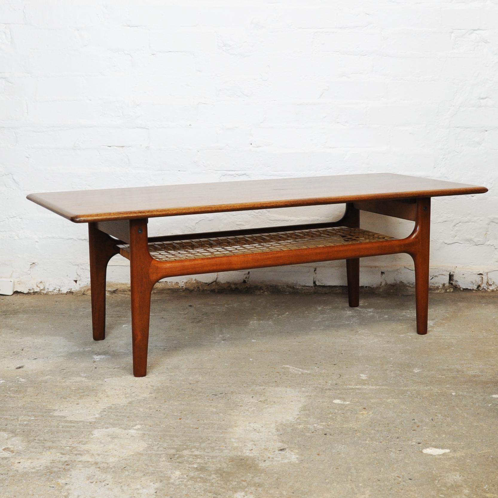 Rattan Teak and Cane Danish Coffee Table by Trioh Mobler, 1960s For Sale