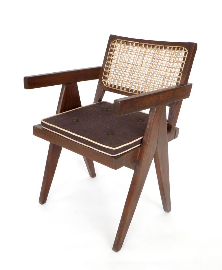 Pierre Jeanneret Teak and Cane Office Armchair From Chandigarh at 1stDibs