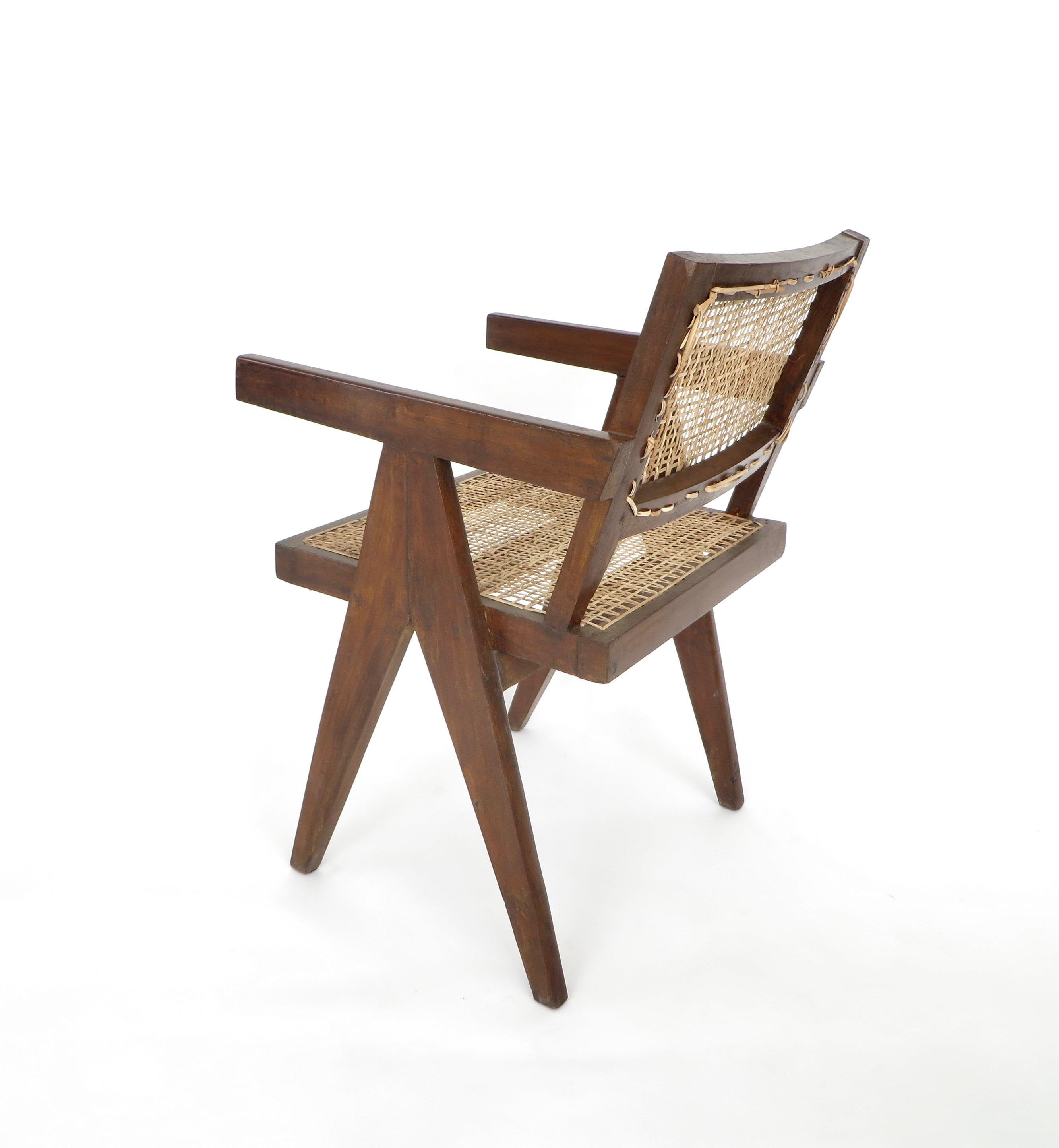 Mid-Century Modern Pierre Jeanneret Teak and Cane Office Armchair From Chandigarh 