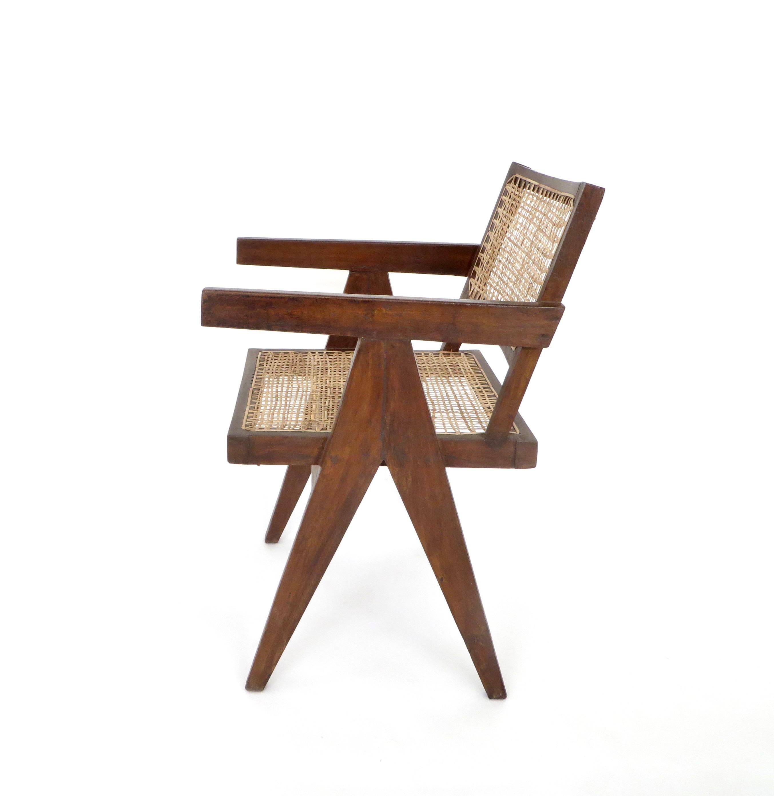 Indian Pierre Jeanneret Teak and Cane Office Armchair From Chandigarh 