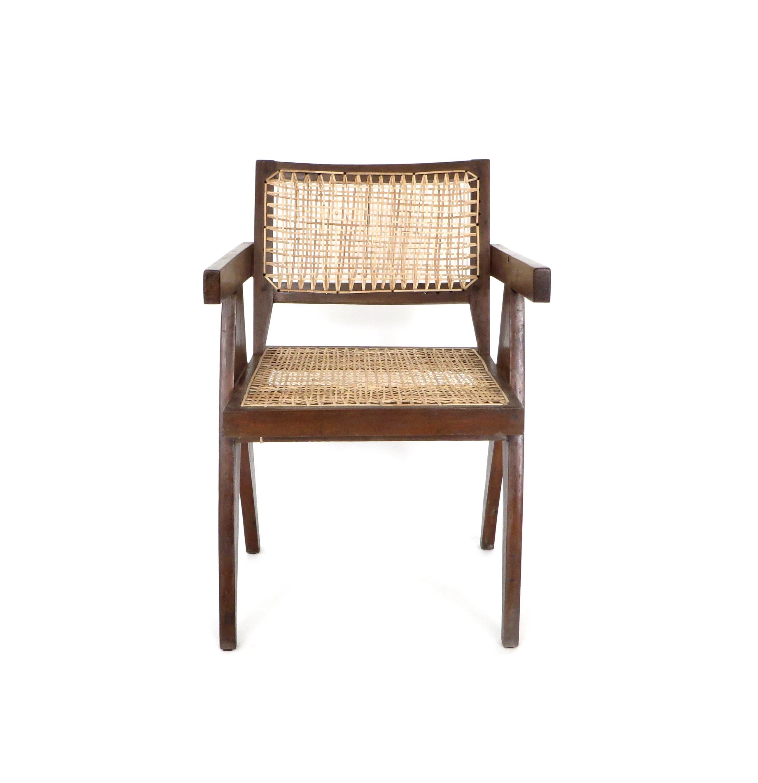 Pierre Jeanneret Teak and Cane Office Armchair From Chandigarh  In Good Condition In Chicago, IL
