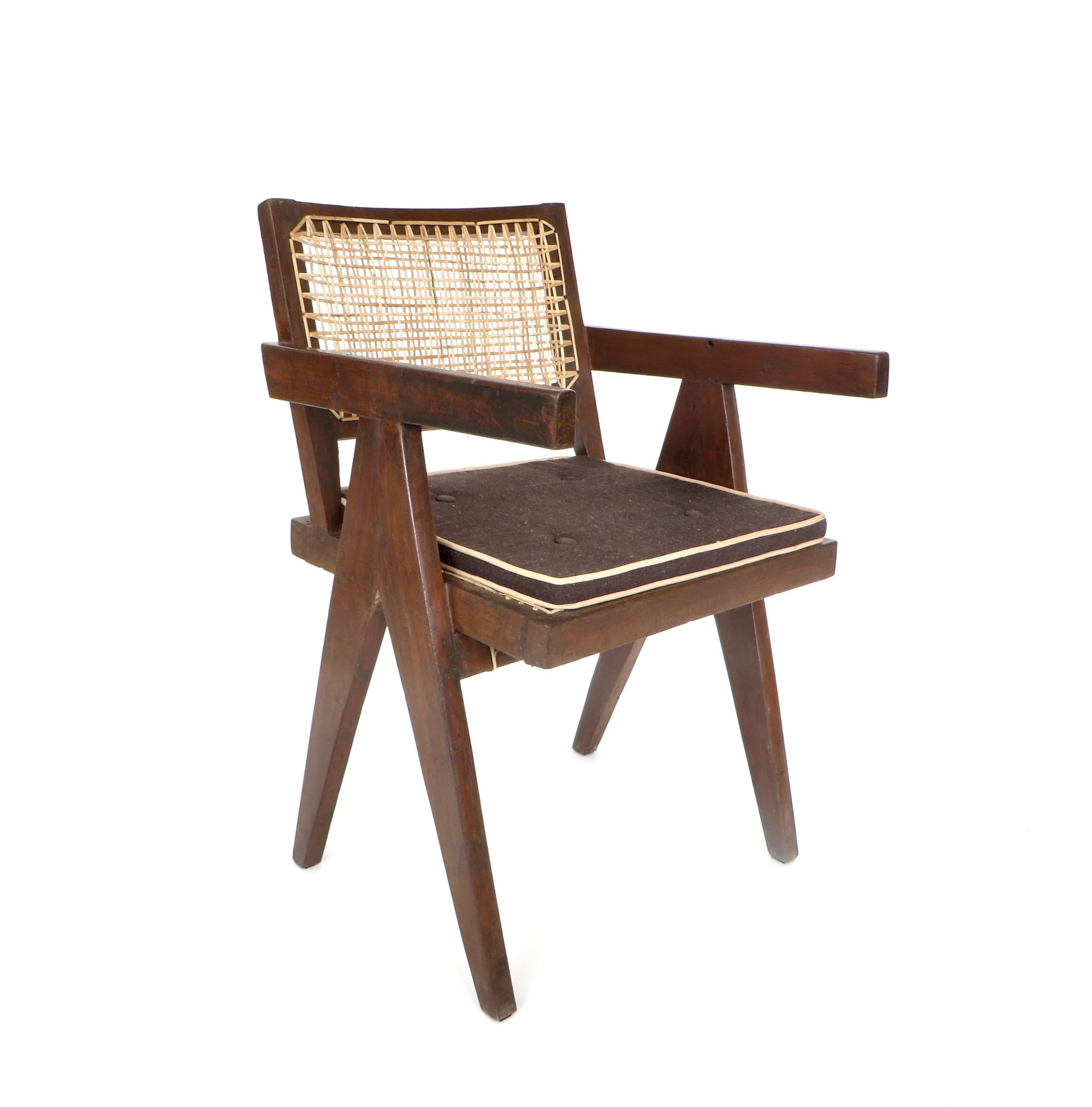 Mid-20th Century Pierre Jeanneret Teak and Cane Office Armchair From Chandigarh 