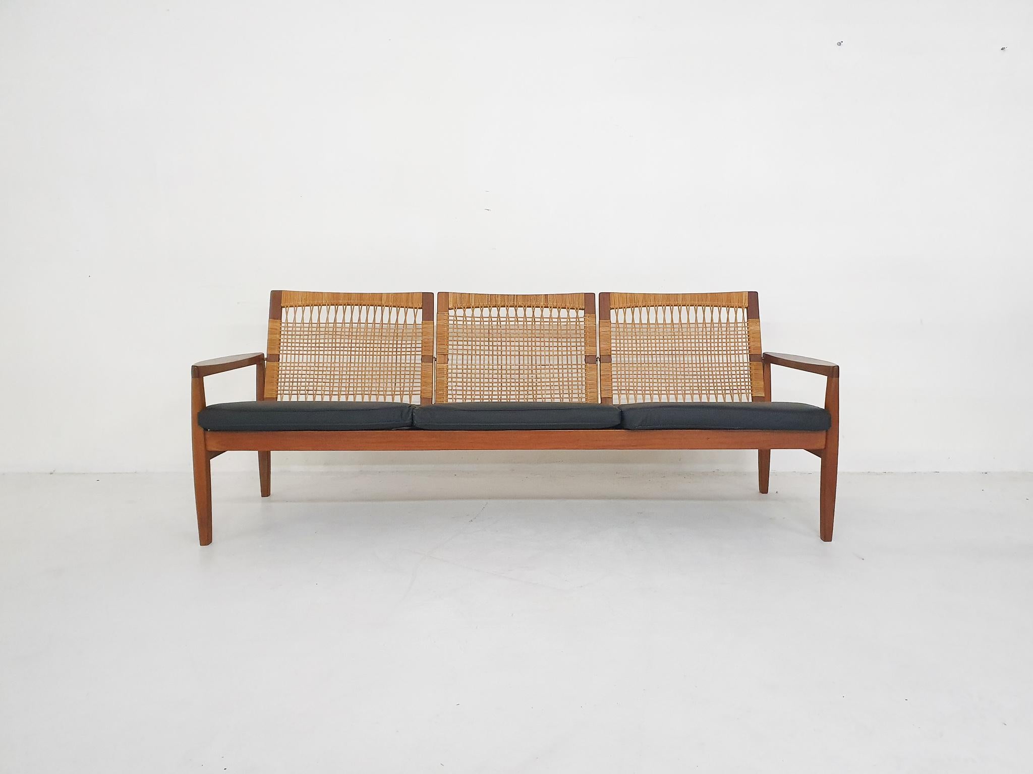 Scandinavian Modern Teak and Cane Sofa by Hans Olsen for Juul Kristensen, Denmark, 1950s For Sale