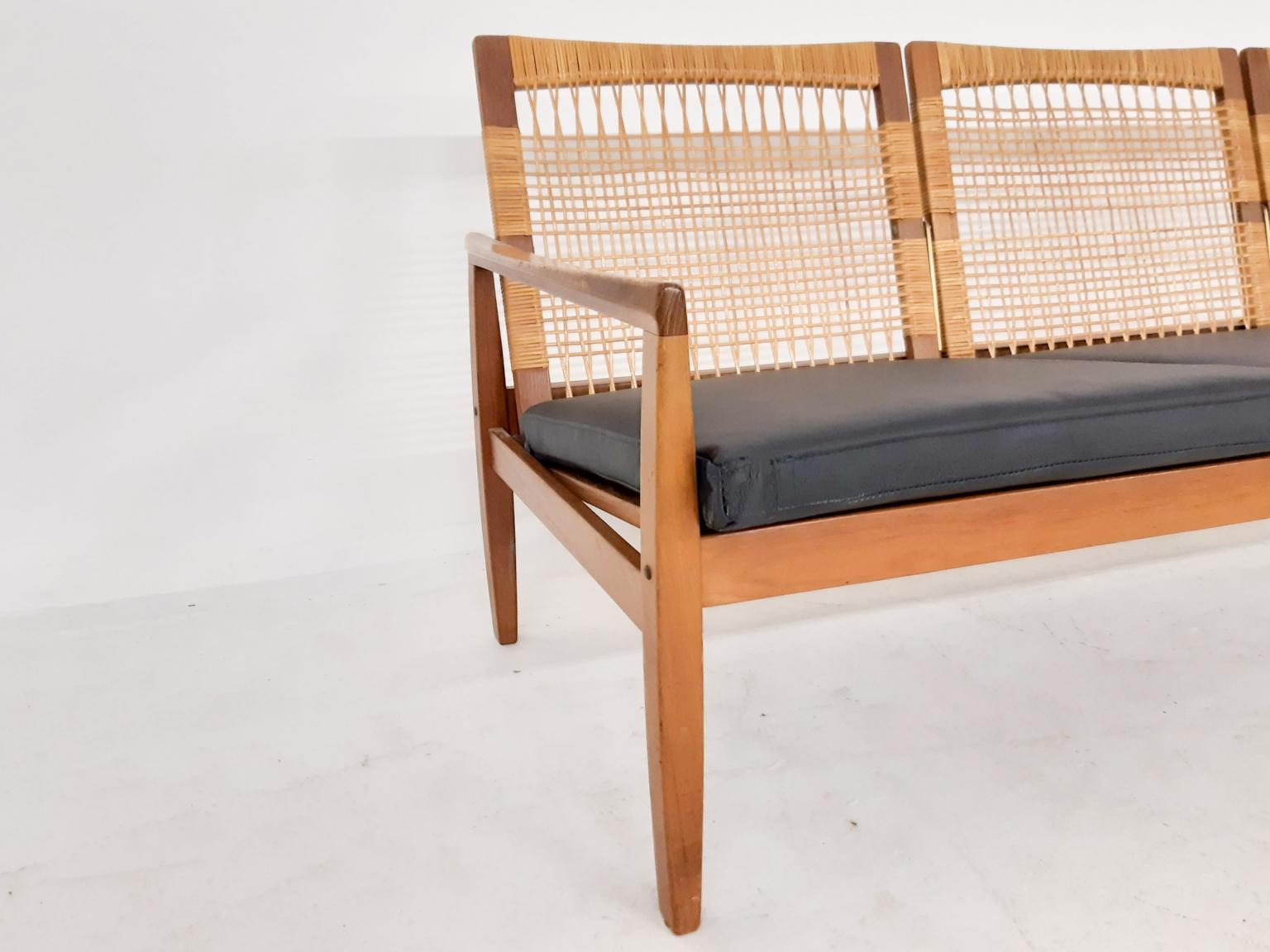 Danish Teak and Cane Sofa by Hans Olsen for Juul Kristensen, Denmark, 1950s For Sale