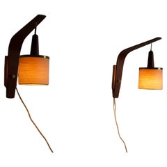 Teak and Fabric Shade Wall Lamps, 1960s, Germany