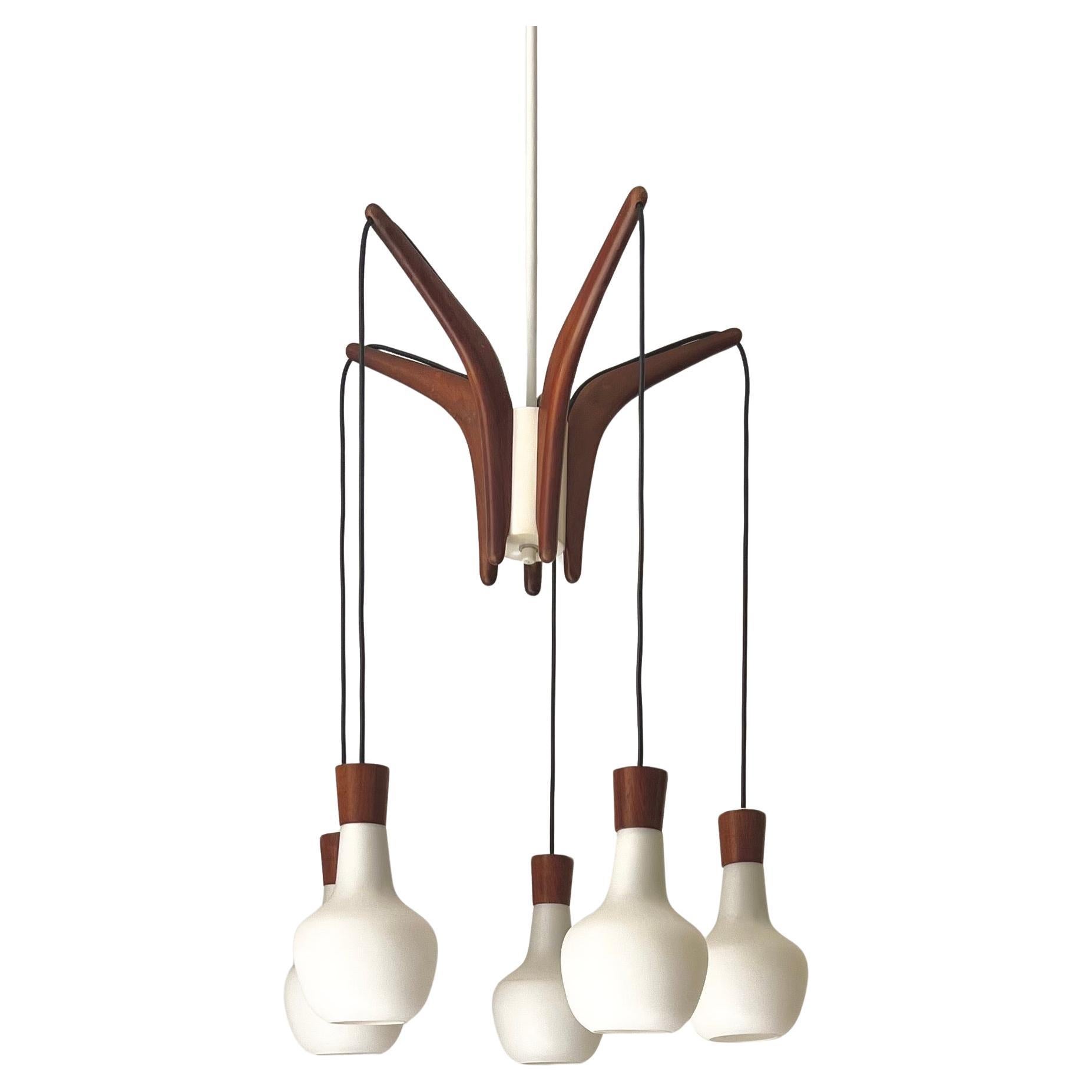 Teak and Glass Chandelier with Five Arms, Mid-20th Century, Sweden
