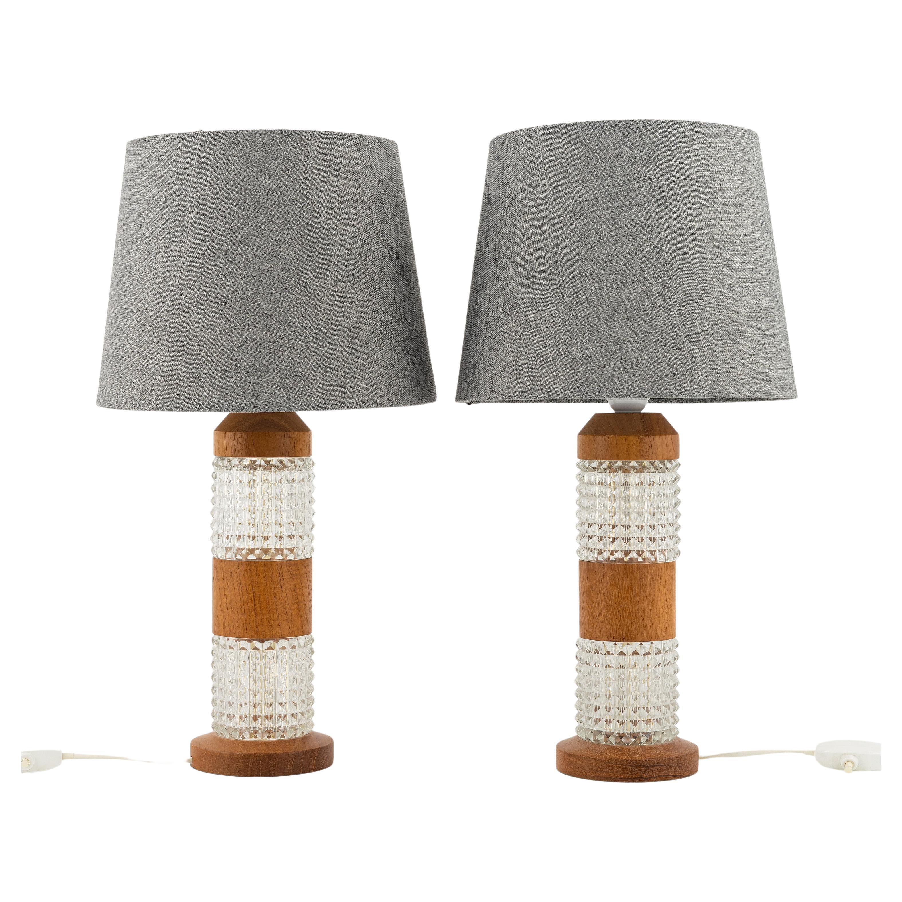 Orrefors table lamps Teak and Glass set of 2 , Sweden, 1960 For Sale