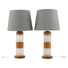 Retro Orrefors table lamps Teak and Glass set of 2 , Sweden, 1960