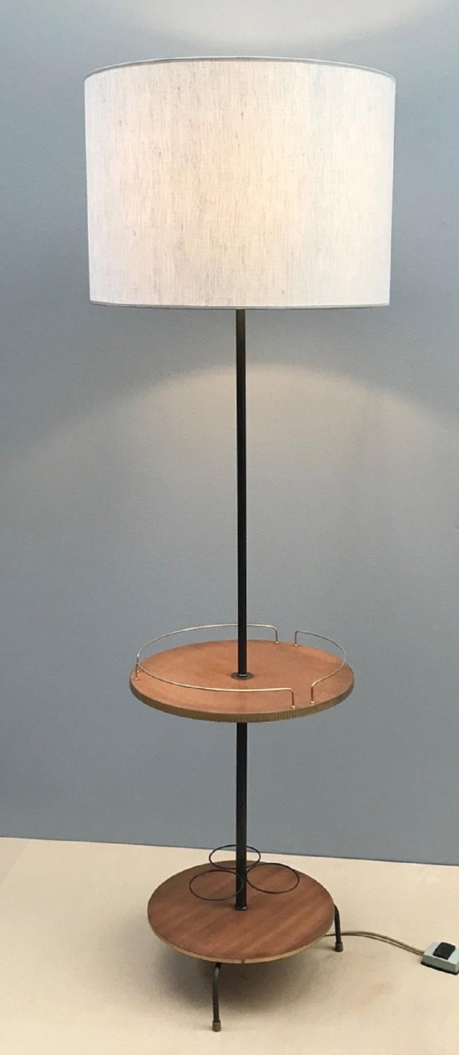 European Teak and Gold Metal Bar Floor Lamp, 1960s For Sale