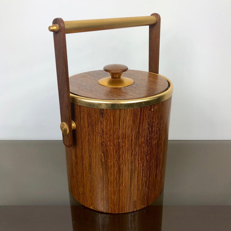 Teak and Gold Metal Ice Bucket Holder, Made in Italy, 1960s For Sale at