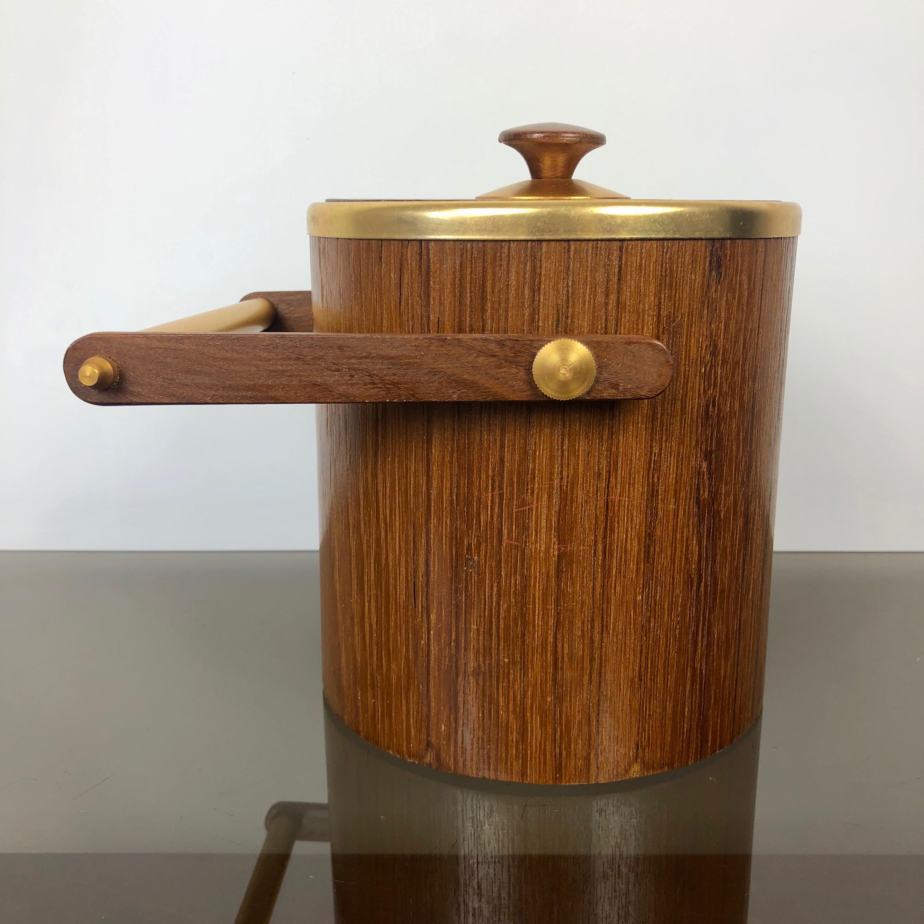 Mid-Century Modern Teak and Gold Metal Ice Bucket Holder, Made in Italy, 1960s For Sale