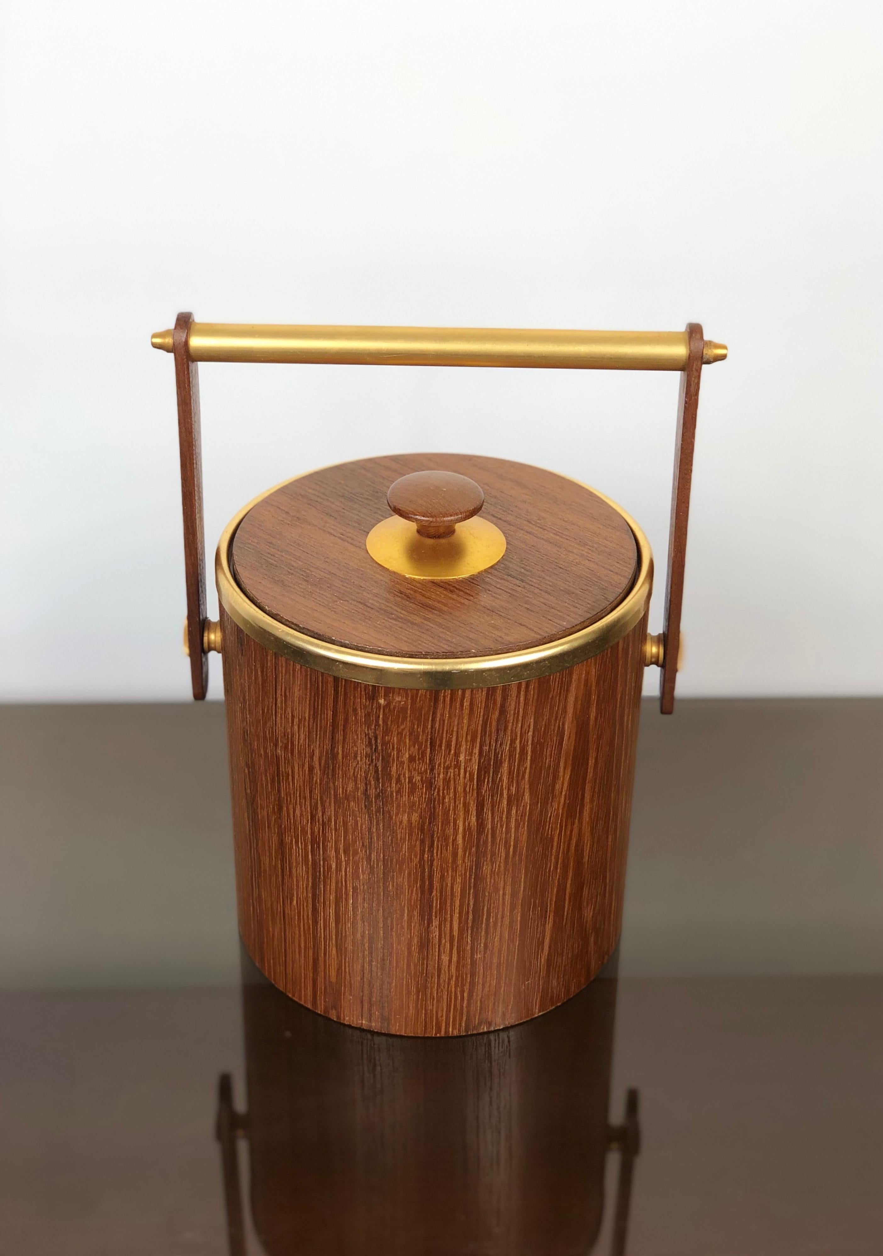 Italian Teak and Gold Metal Ice Bucket Holder, Made in Italy, 1960s For Sale