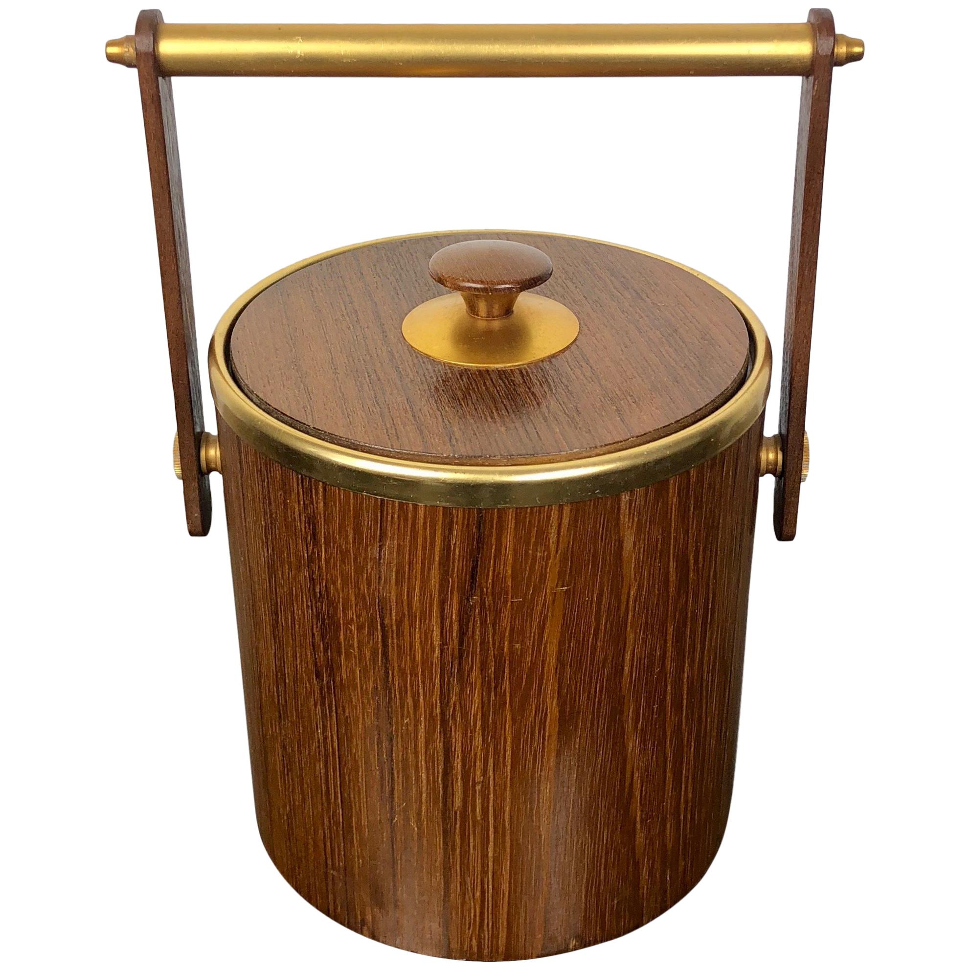 Teak and Gold Metal Ice Bucket Holder, Made in Italy, 1960s For Sale
