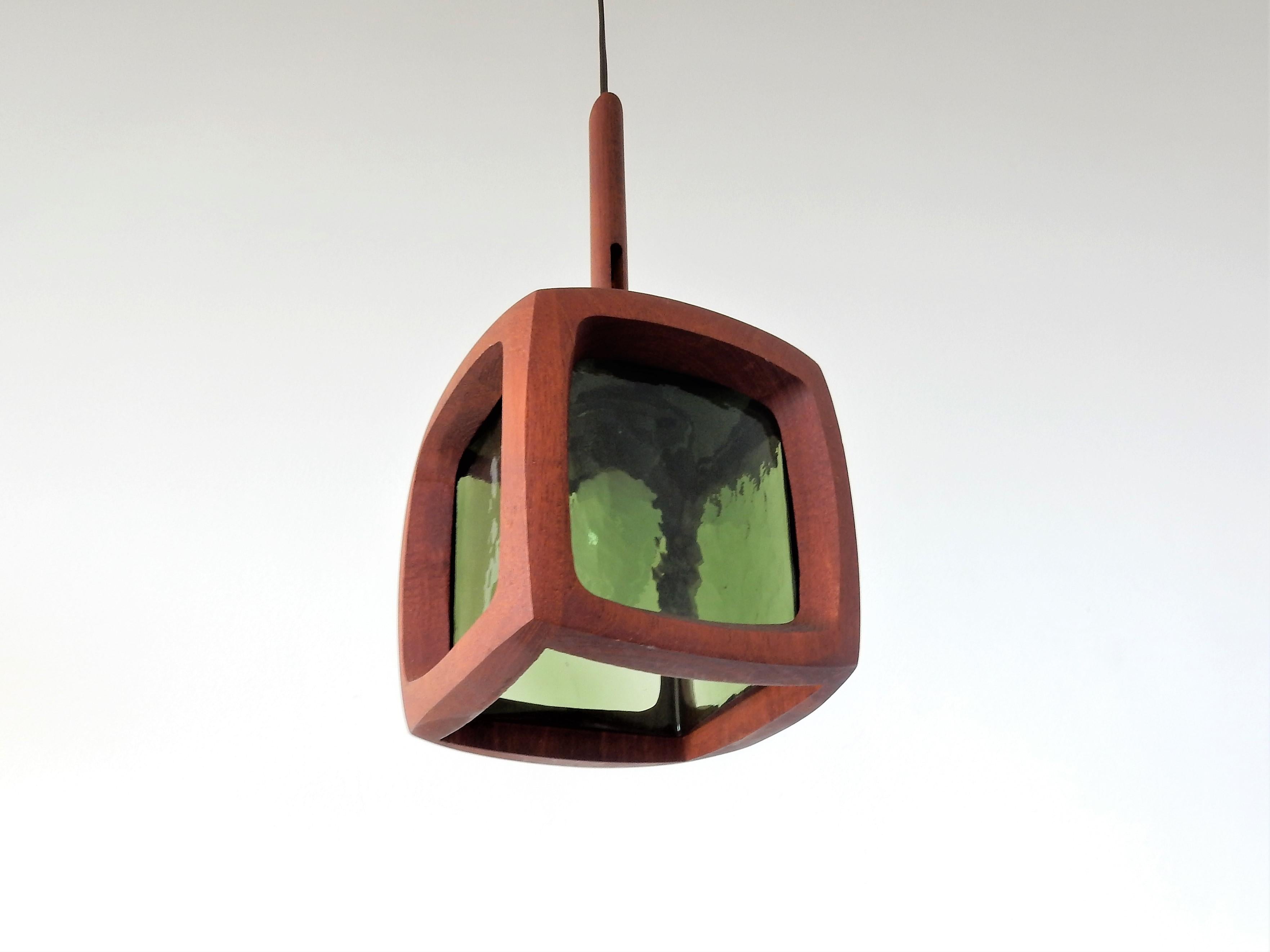 Mid-Century Modern Teak and Green Glass Pendant Lamp, Sweden, 1960s