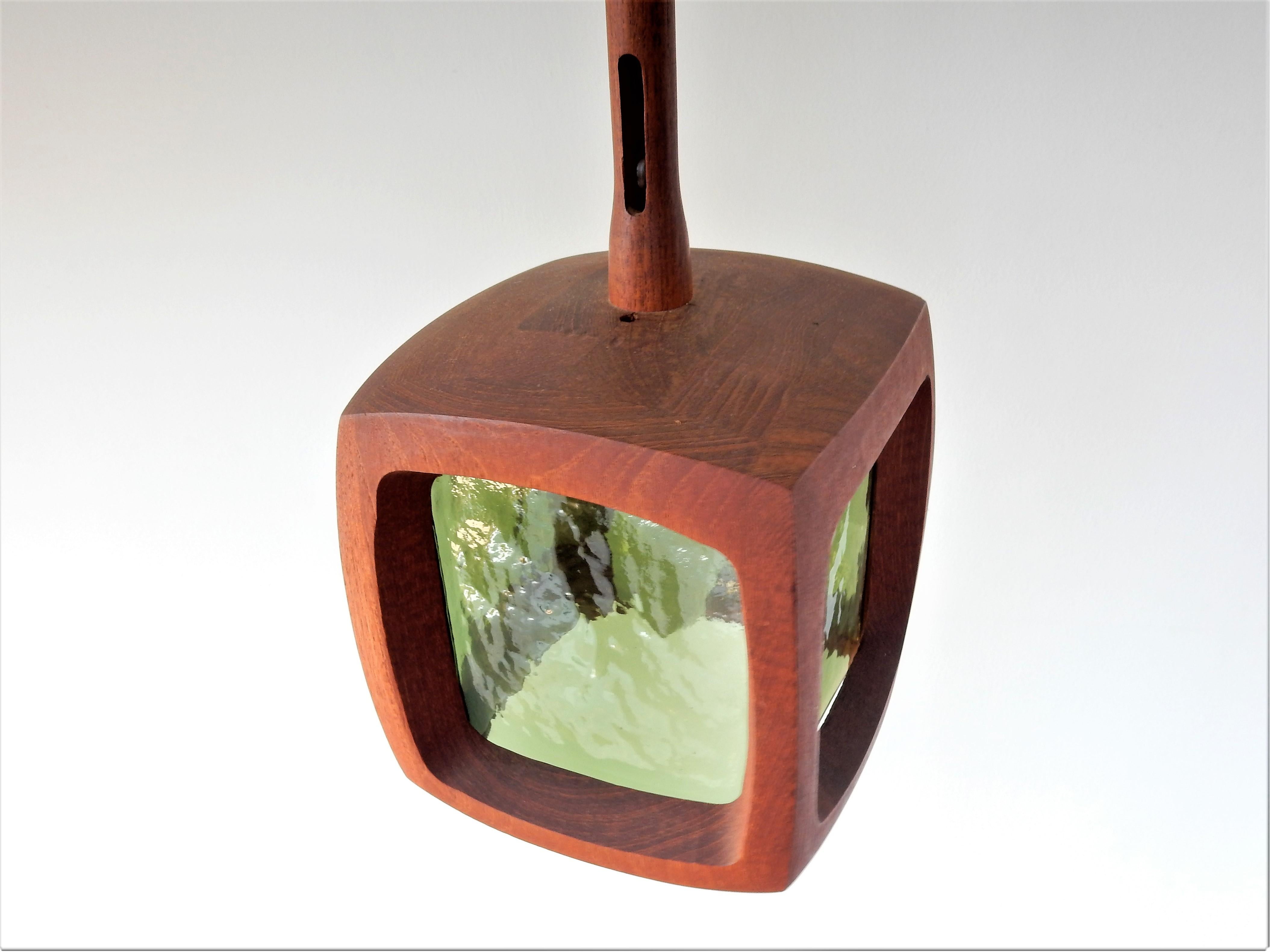 Teak and Green Glass Pendant Lamp, Sweden, 1960s In Good Condition In Steenwijk, NL