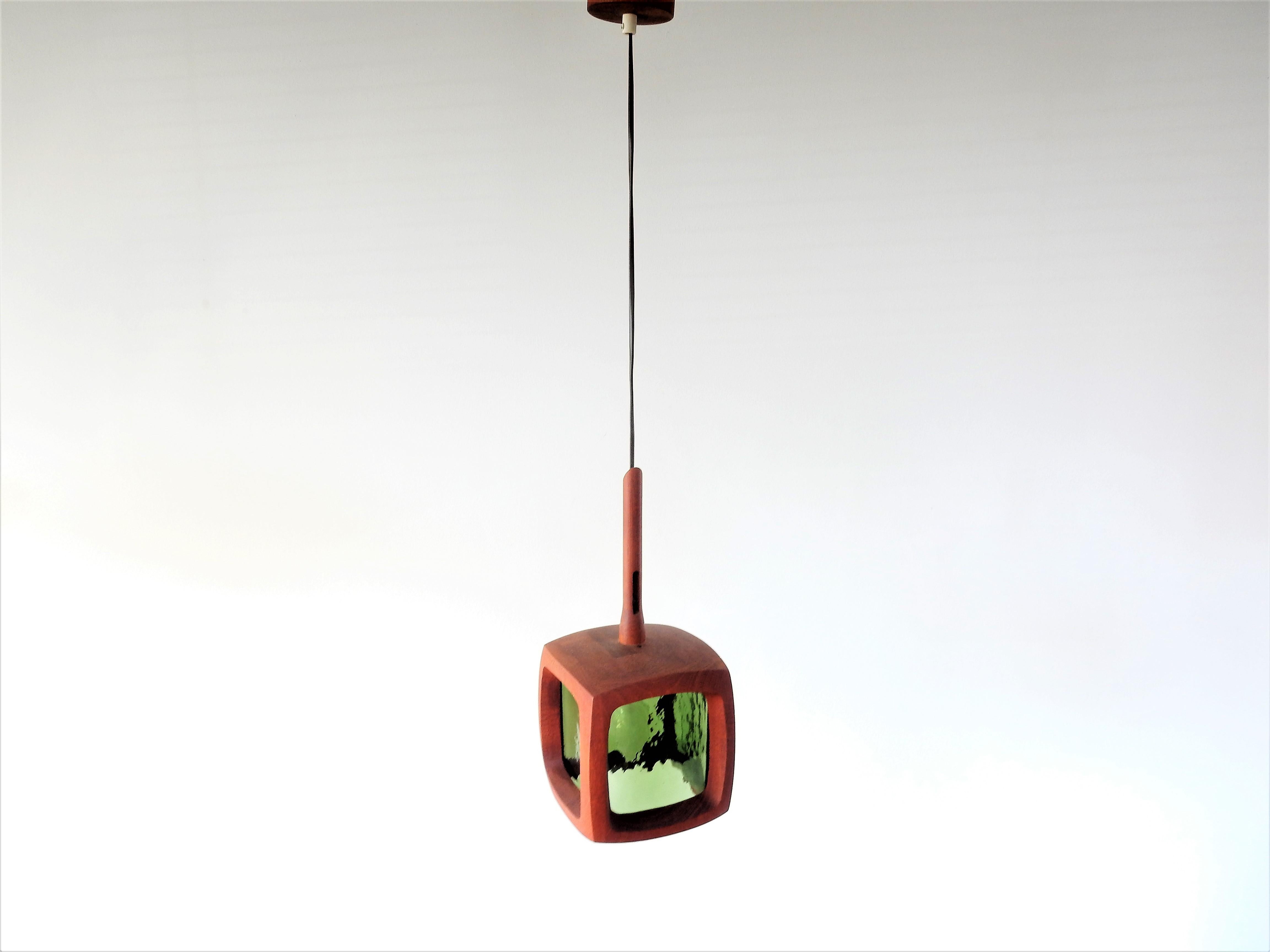 Mid-20th Century Teak and Green Glass Pendant Lamp, Sweden, 1960s