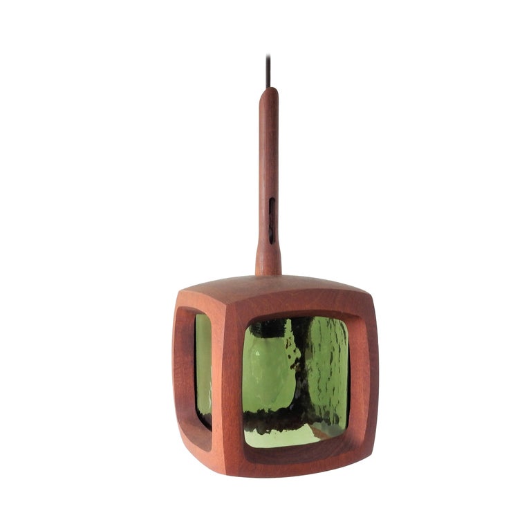 Teak and Green Glass Pendant Lamp, Sweden, 1960s For Sale