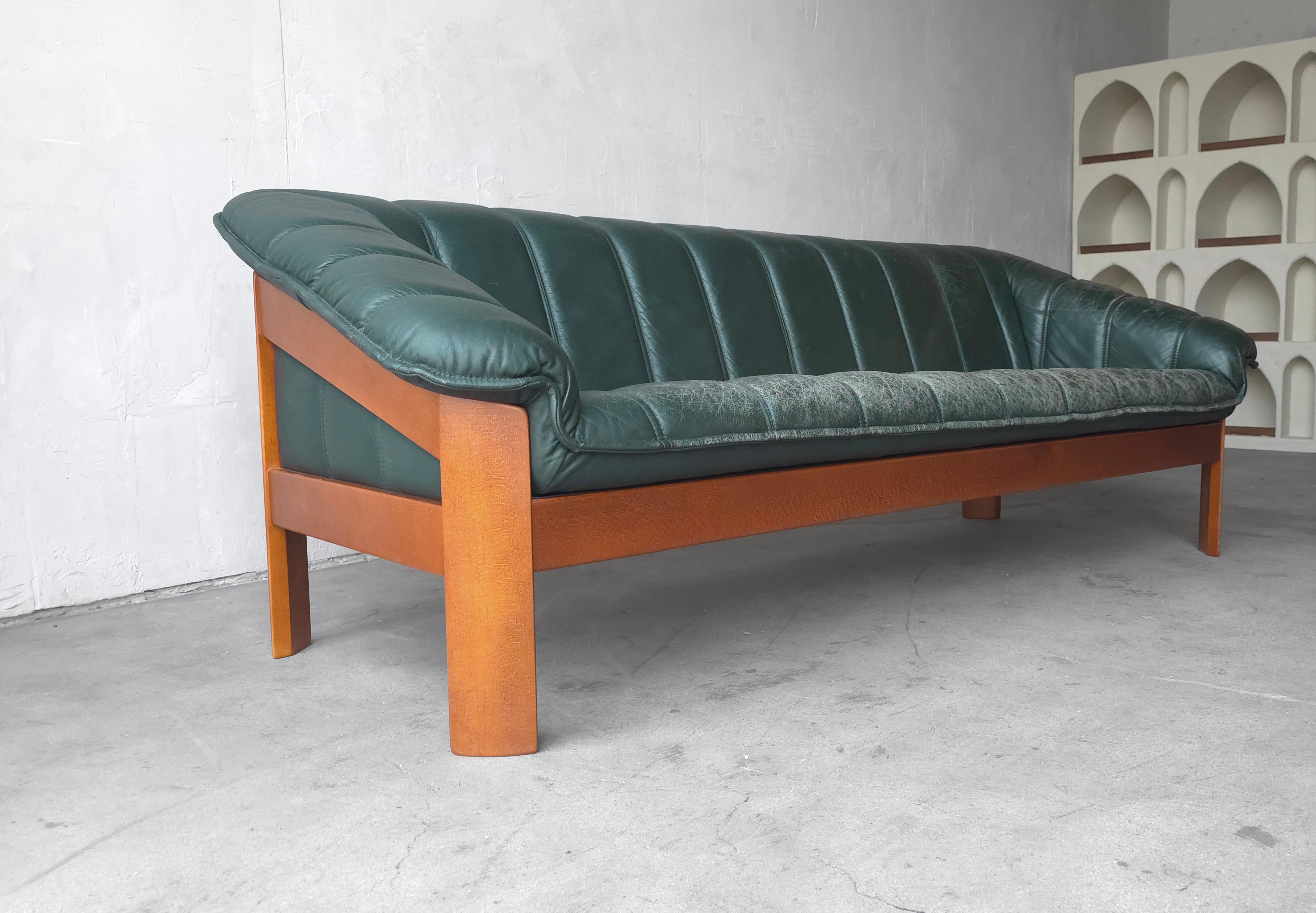 Mid-Century Modern Teak and Green Leather Danish Sofa by Hjellegjerde For Sale