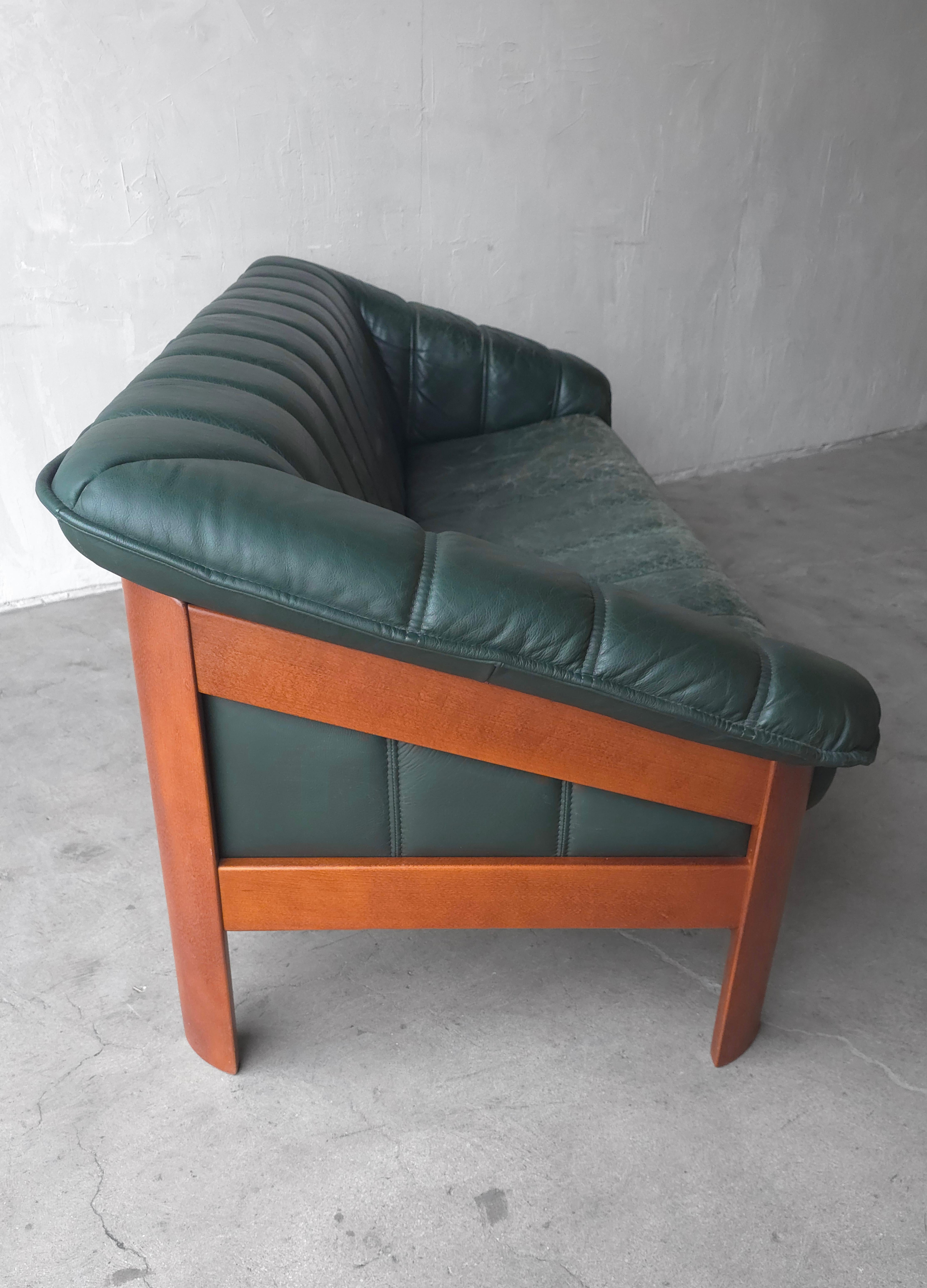 Teak and Green Leather Danish Sofa by Hjellegjerde For Sale 1