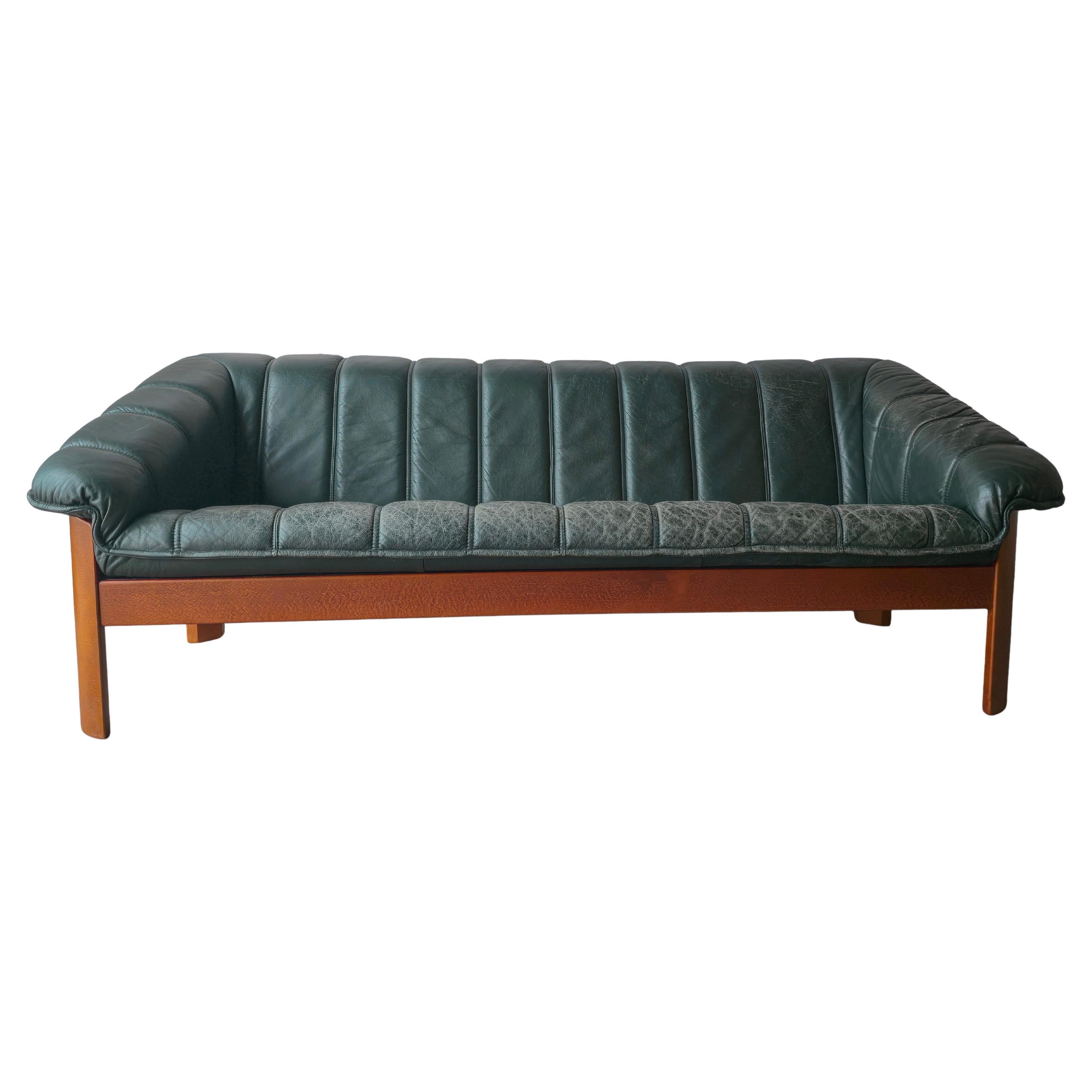 Teak and Green Leather Danish Sofa by Hjellegjerde For Sale