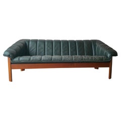 Teak and Green Leather Danish Sofa by Hjellegjerde