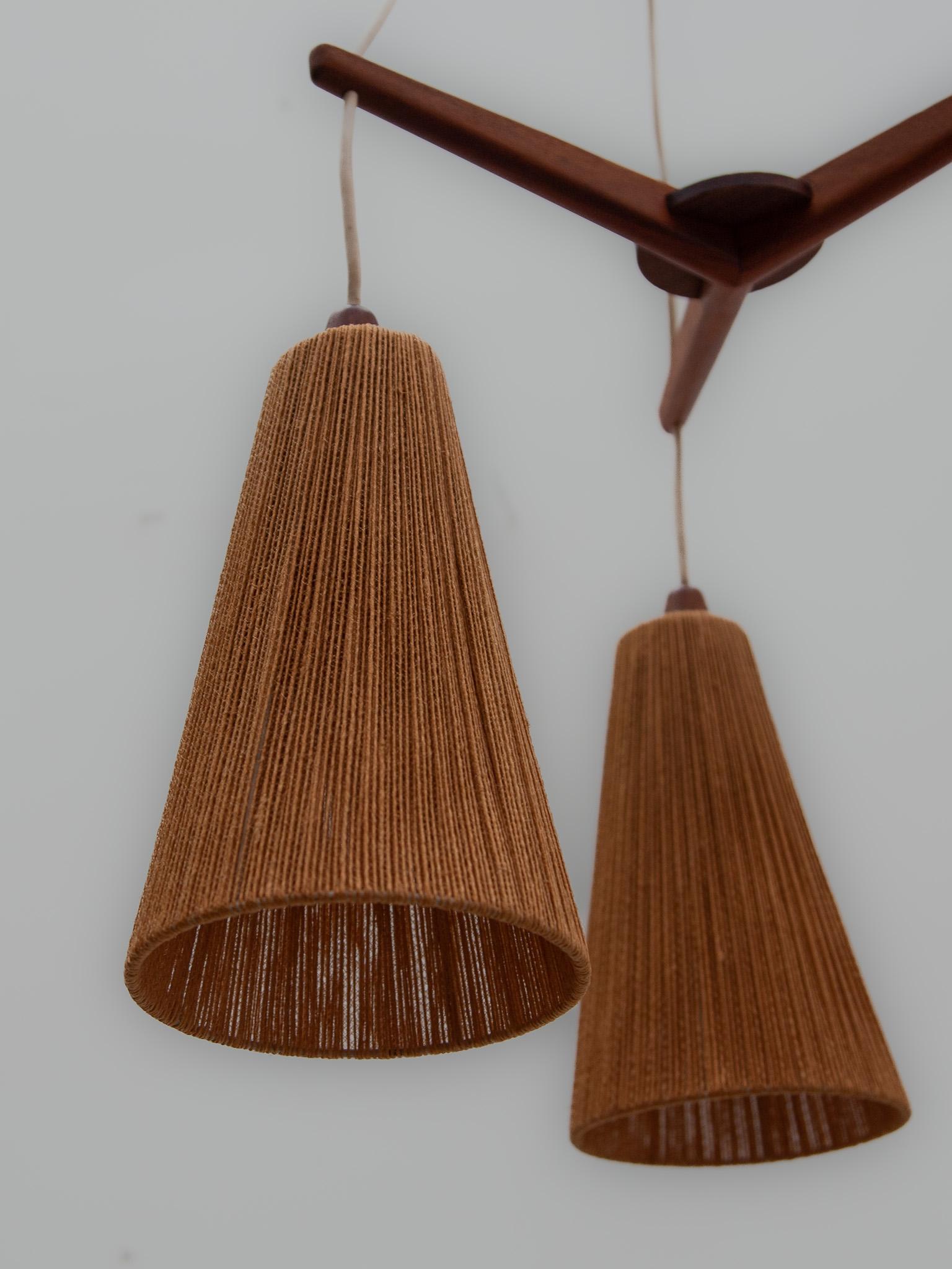 Teak and Jute Cord Pendant Cascade Lamp by Temde, Germany, 1960s For Sale 4