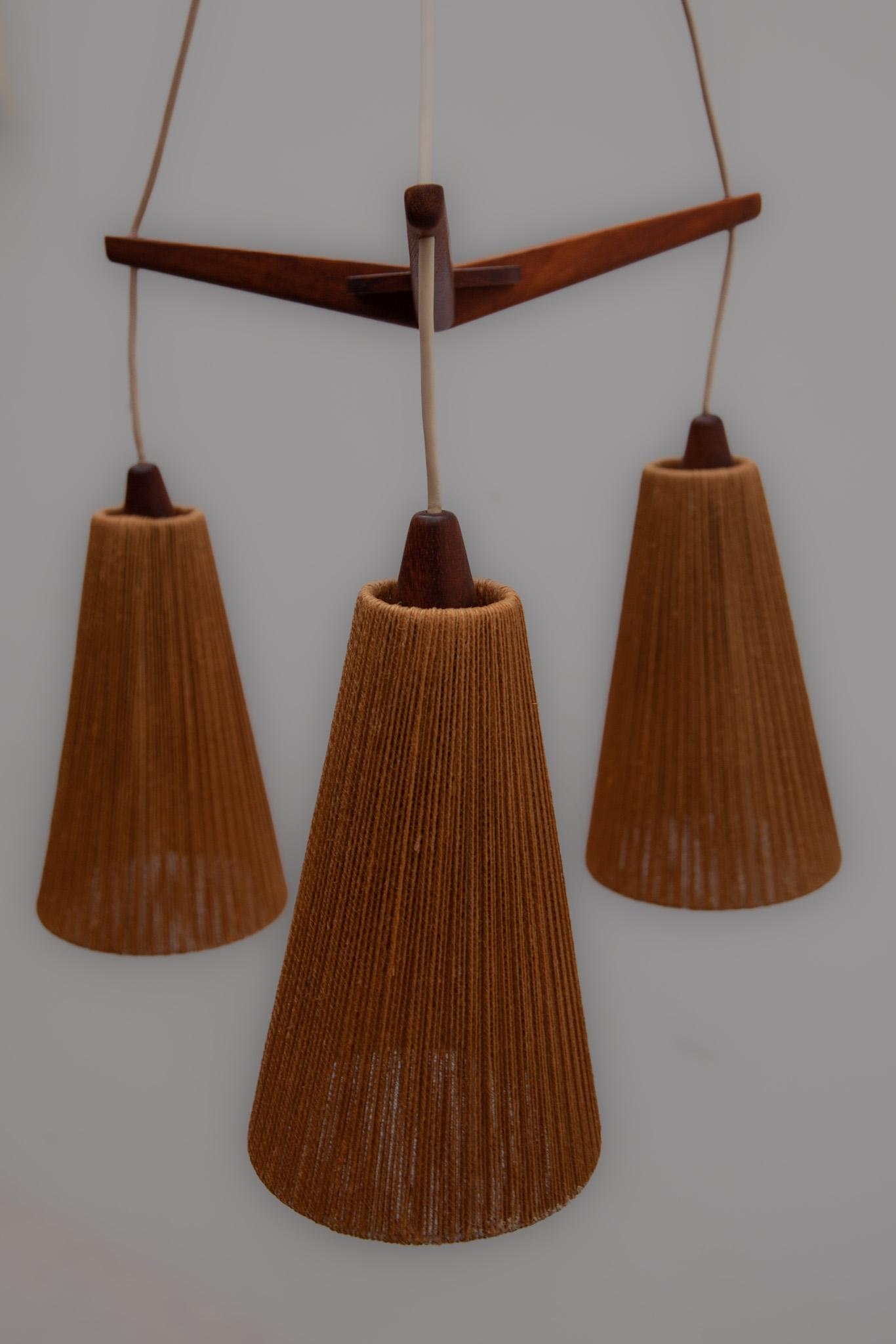 Teak and Jute Cord Pendant Cascade Lamp by Temde, Germany, 1960s For Sale 5