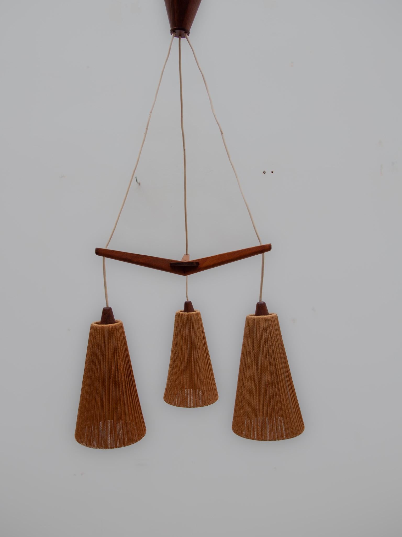 Scandinavian Modern Teak and Jute Cord Pendant Cascade Lamp by Temde, Germany, 1960s For Sale