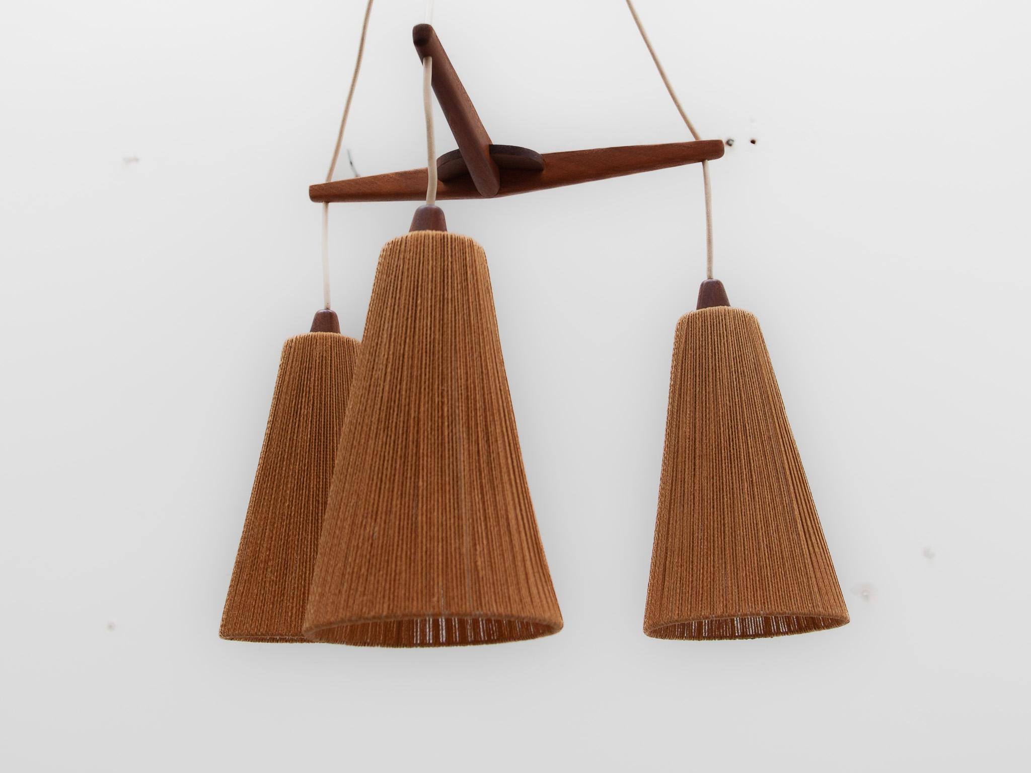 Teak and Jute Cord Pendant Cascade Lamp by Temde, Germany, 1960s In Good Condition For Sale In Antwerp, BE