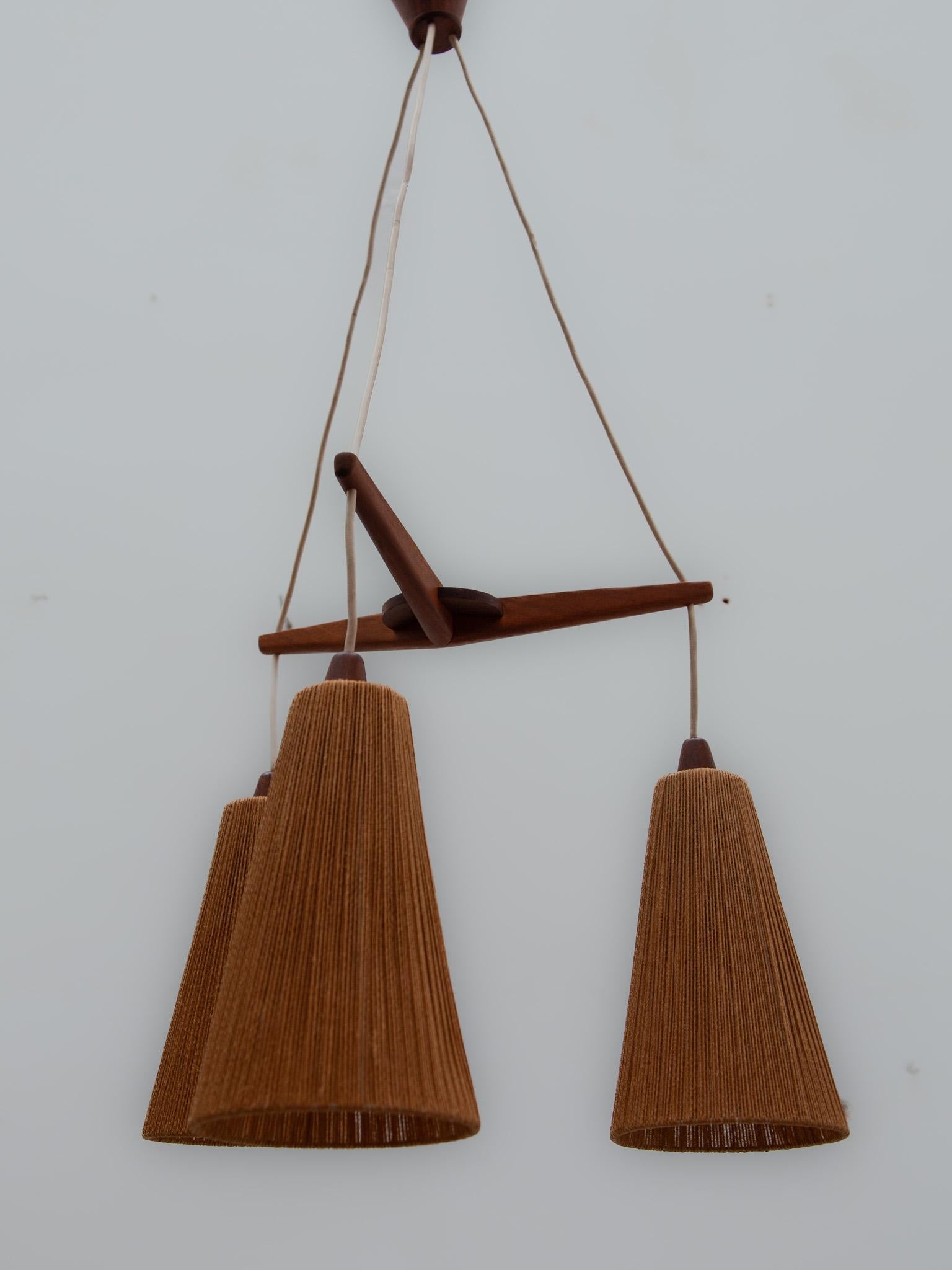 Mid-20th Century Teak and Jute Cord Pendant Cascade Lamp by Temde, Germany, 1960s For Sale