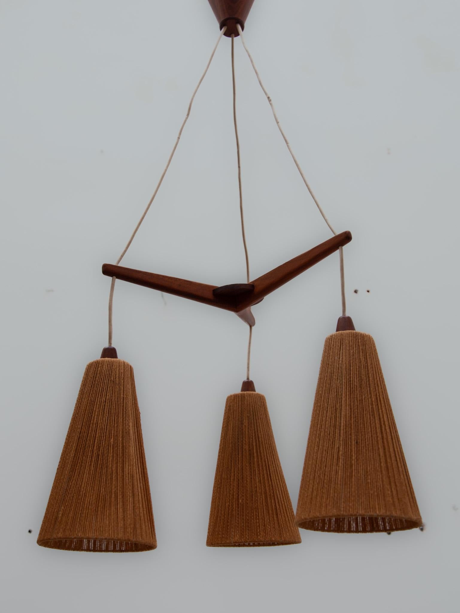 Teak and Jute Cord Pendant Cascade Lamp by Temde, Germany, 1960s For Sale 1