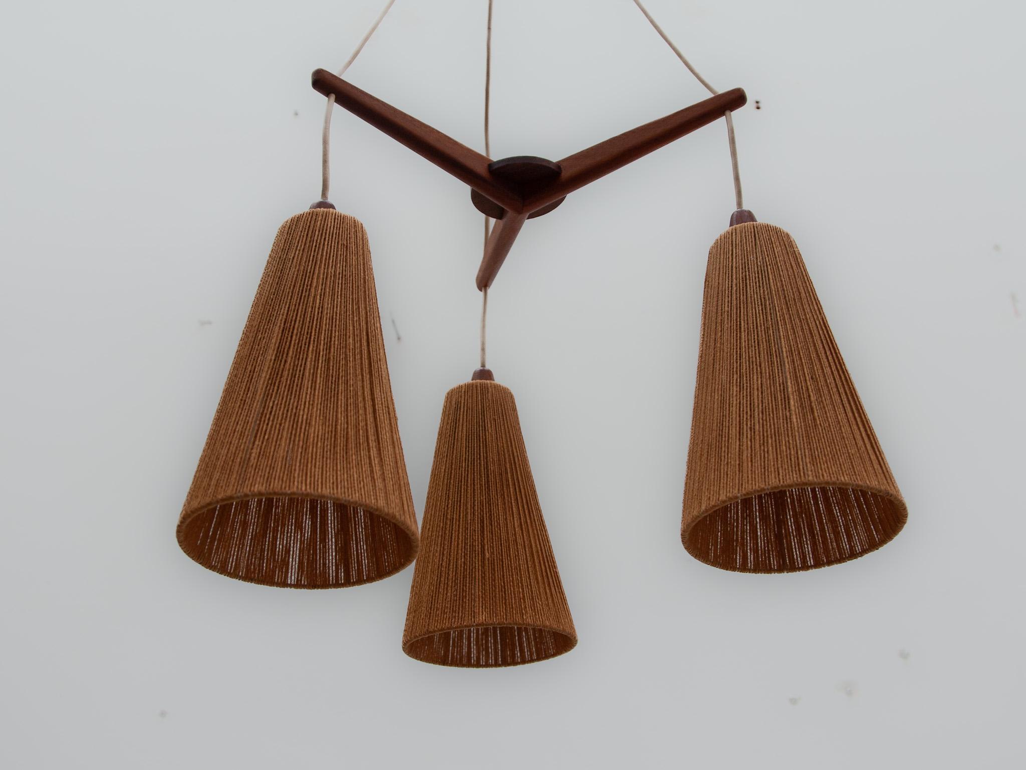 Teak and Jute Cord Pendant Cascade Lamp by Temde, Germany, 1960s For Sale 2