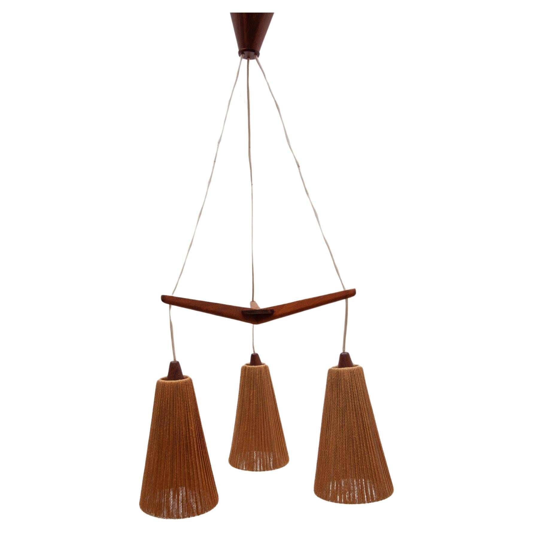 Teak and Jute Cord Pendant Cascade Lamp by Temde, Germany, 1960s For Sale