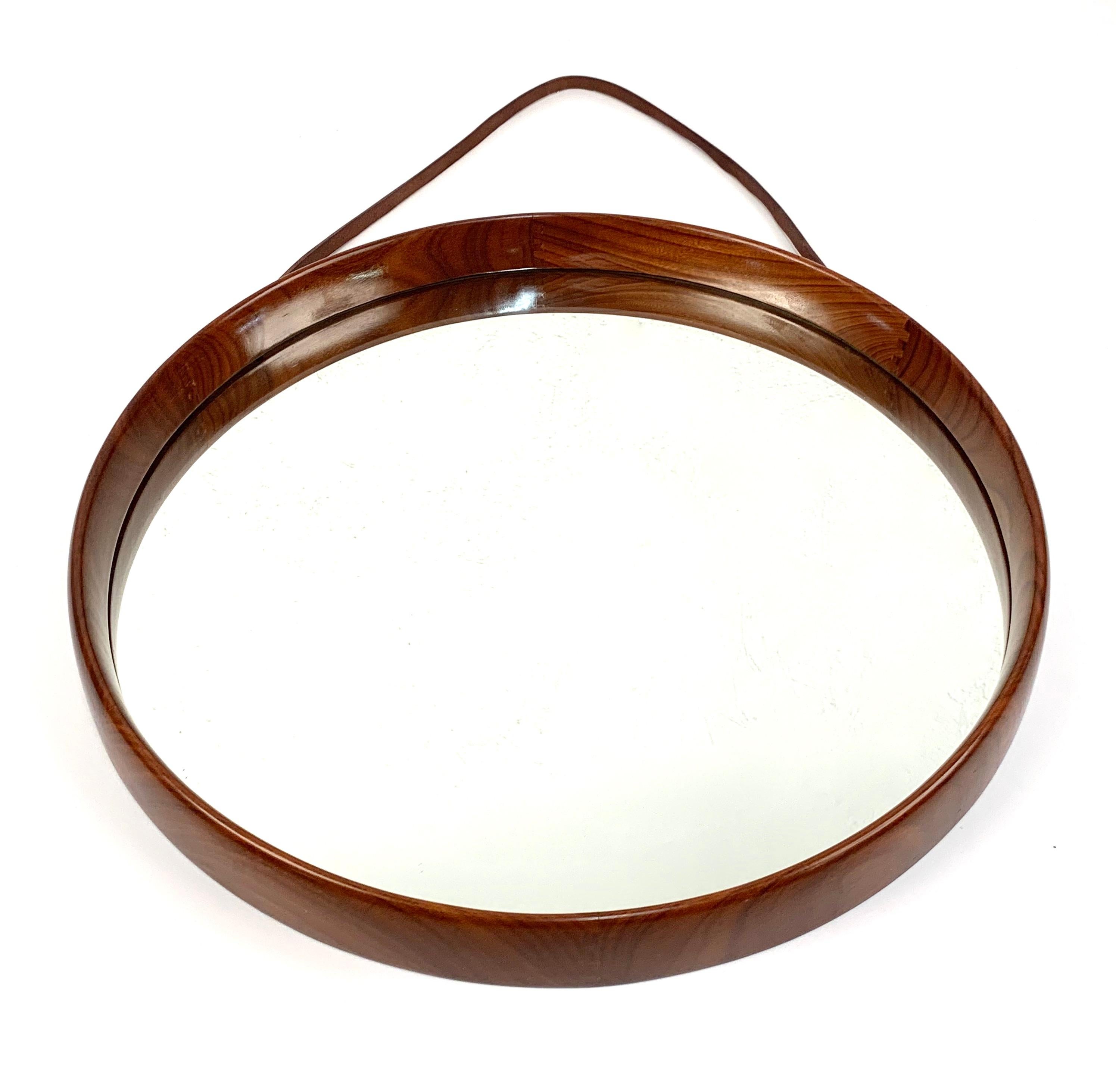 Mid-Century Modern Teak and Leather Uno & Östen Kristiansson Swedish Wall Mirror for Luxus, 1960s For Sale