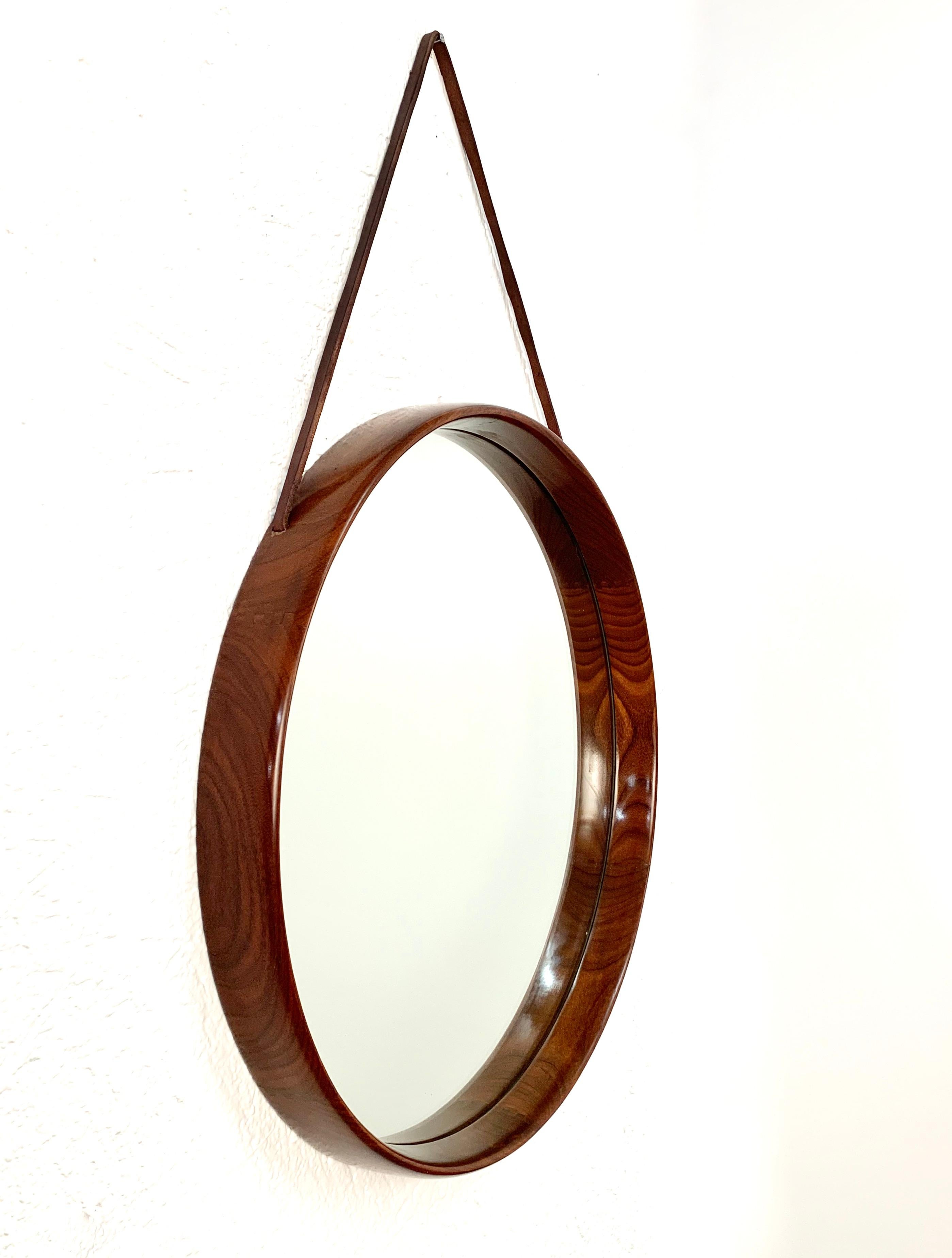 20th Century Teak and Leather Uno & Östen Kristiansson Swedish Wall Mirror for Luxus, 1960s For Sale
