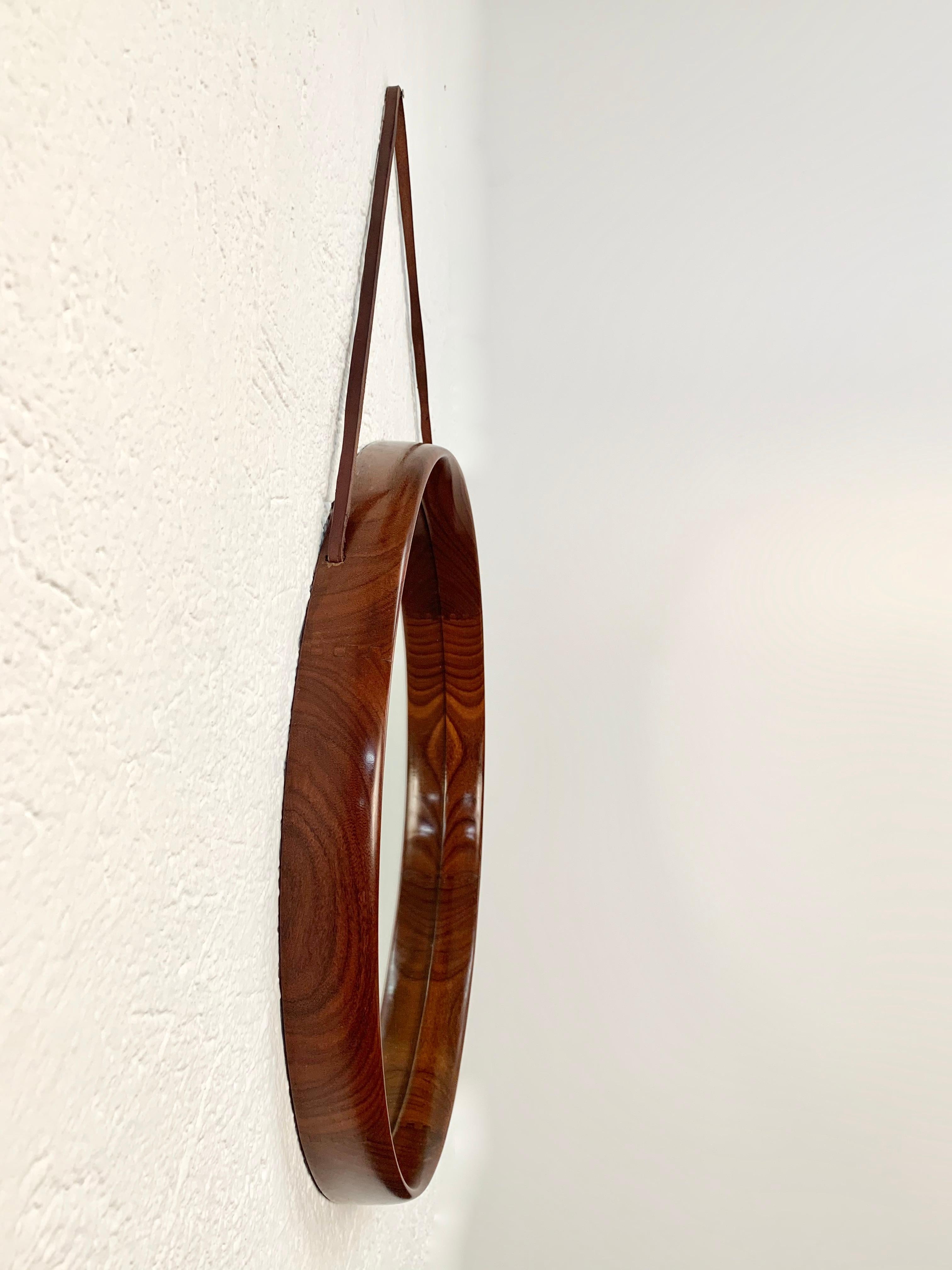 Teak and Leather Uno & Östen Kristiansson Swedish Wall Mirror for Luxus, 1960s For Sale 1