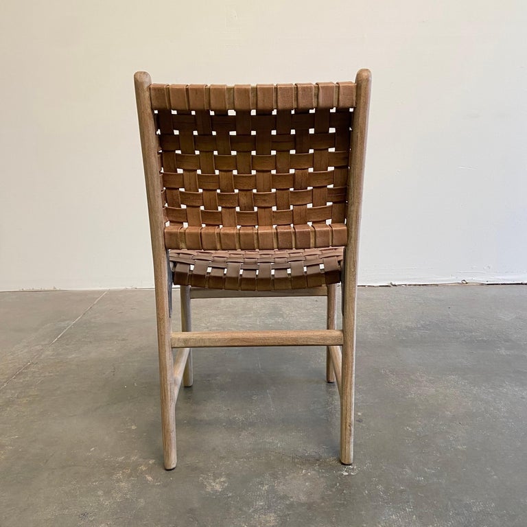Teak and Leather Woven Strap Dining Chairs For Sale at 1stDibs
