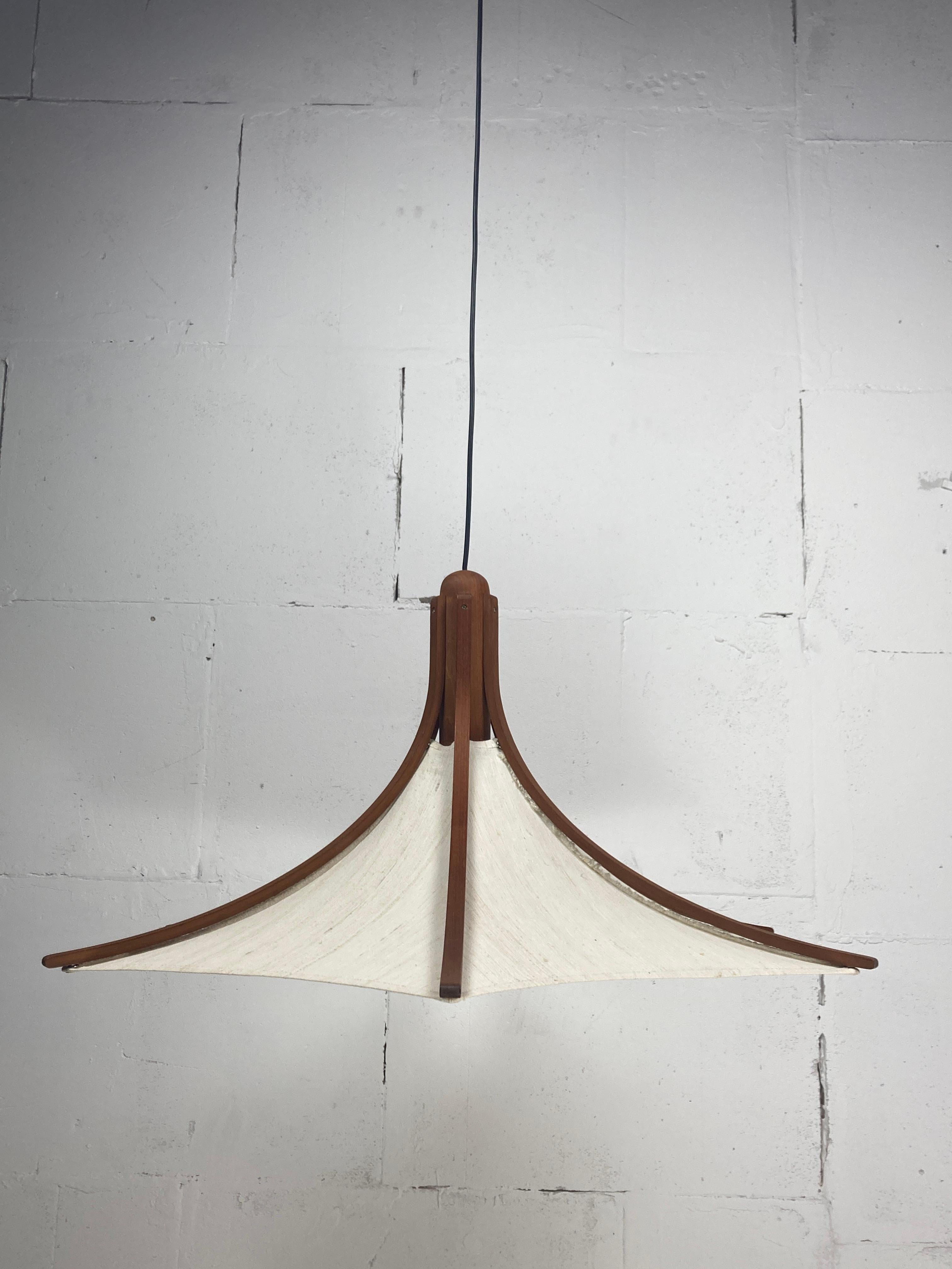 Teak And Linen Umbrella Counter Balance Pendant By Domus, 1970s 5