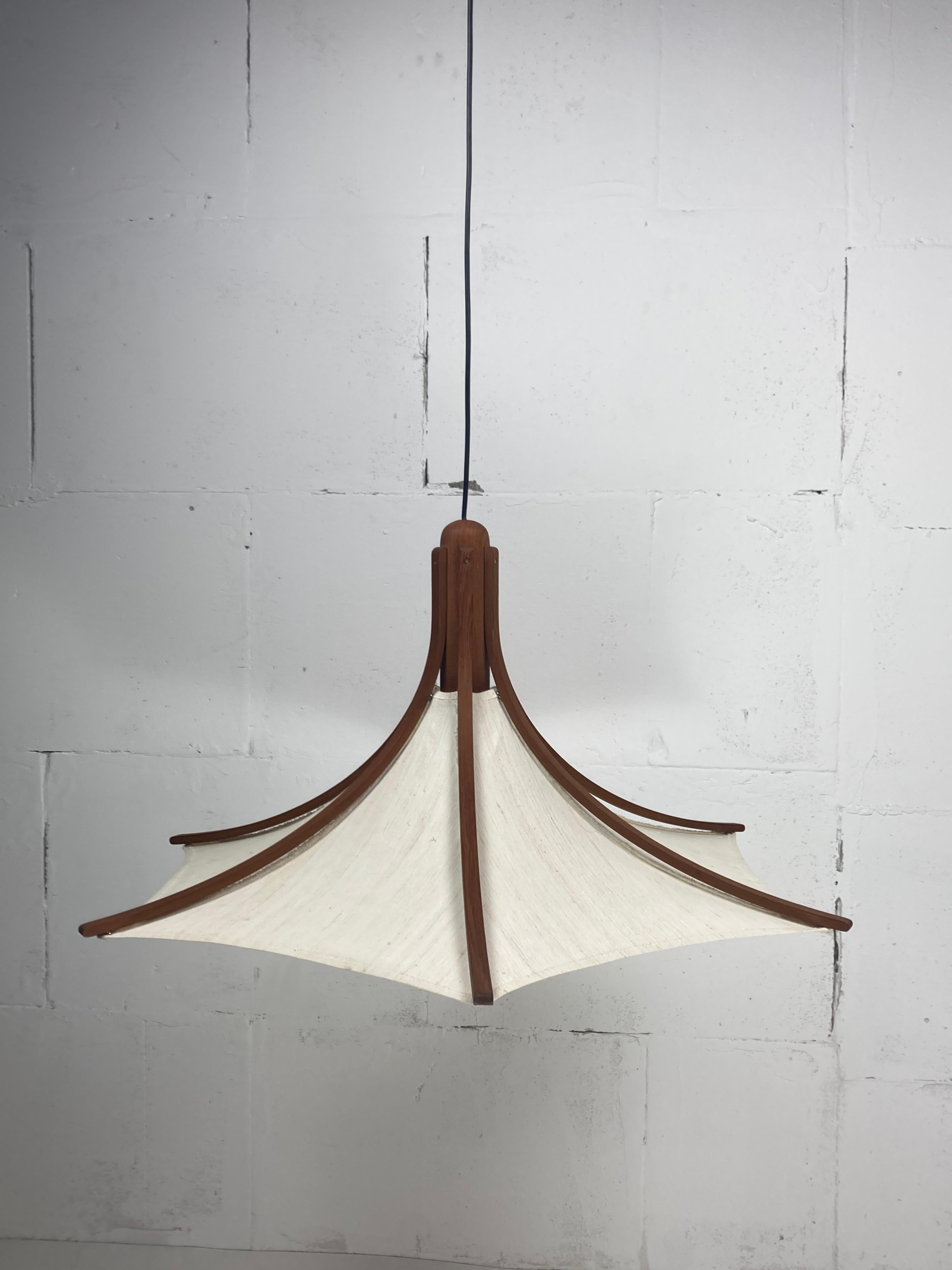 Teak And Linen Umbrella Counter Balance Pendant By Domus, 1970s 7