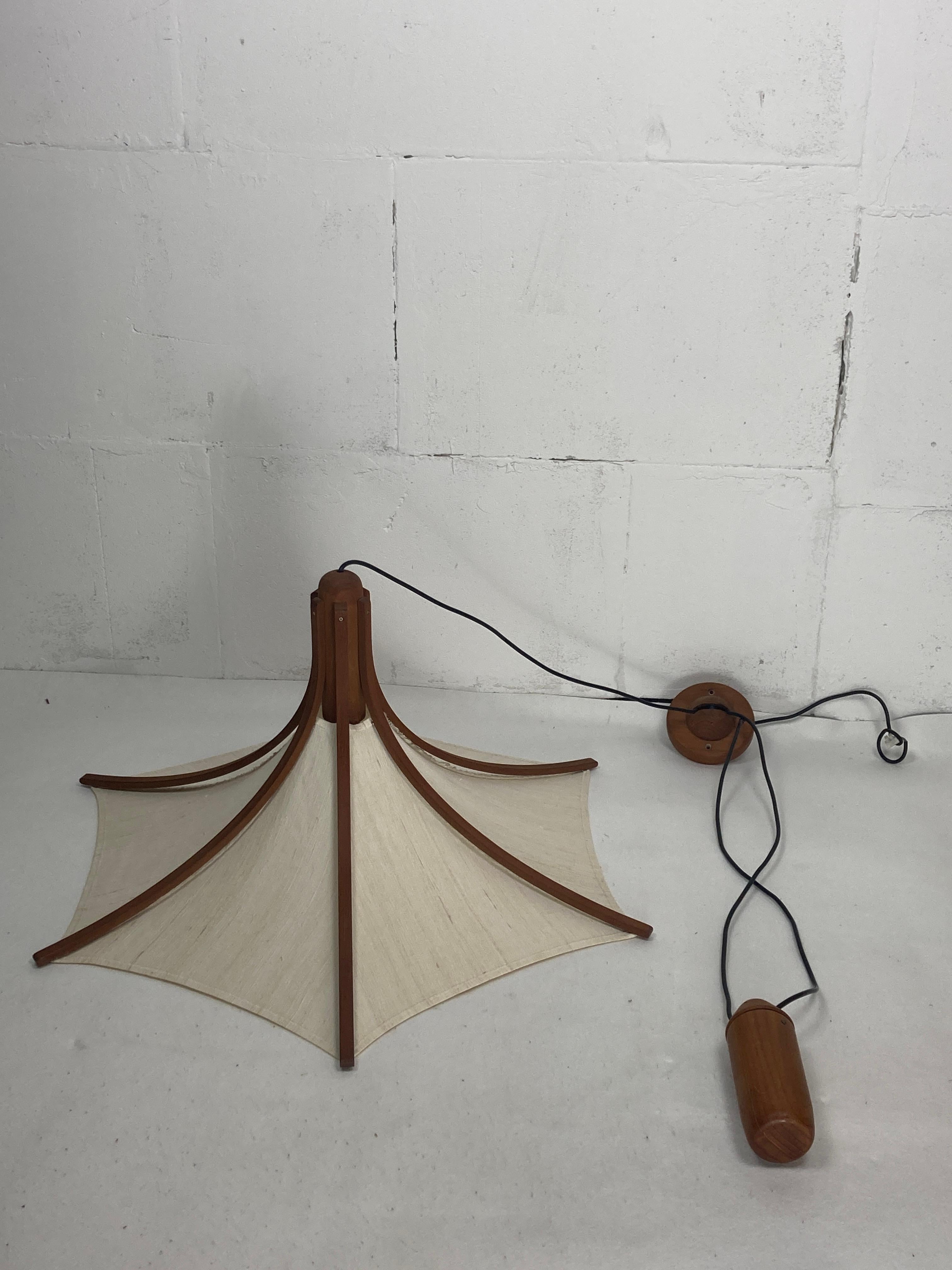 Teak And Linen Umbrella Counter Balance Pendant By Domus, 1970s 8