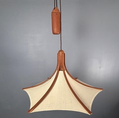 Teak And Linen Umbrella Counter Balance Pendant By Domus, 1970s