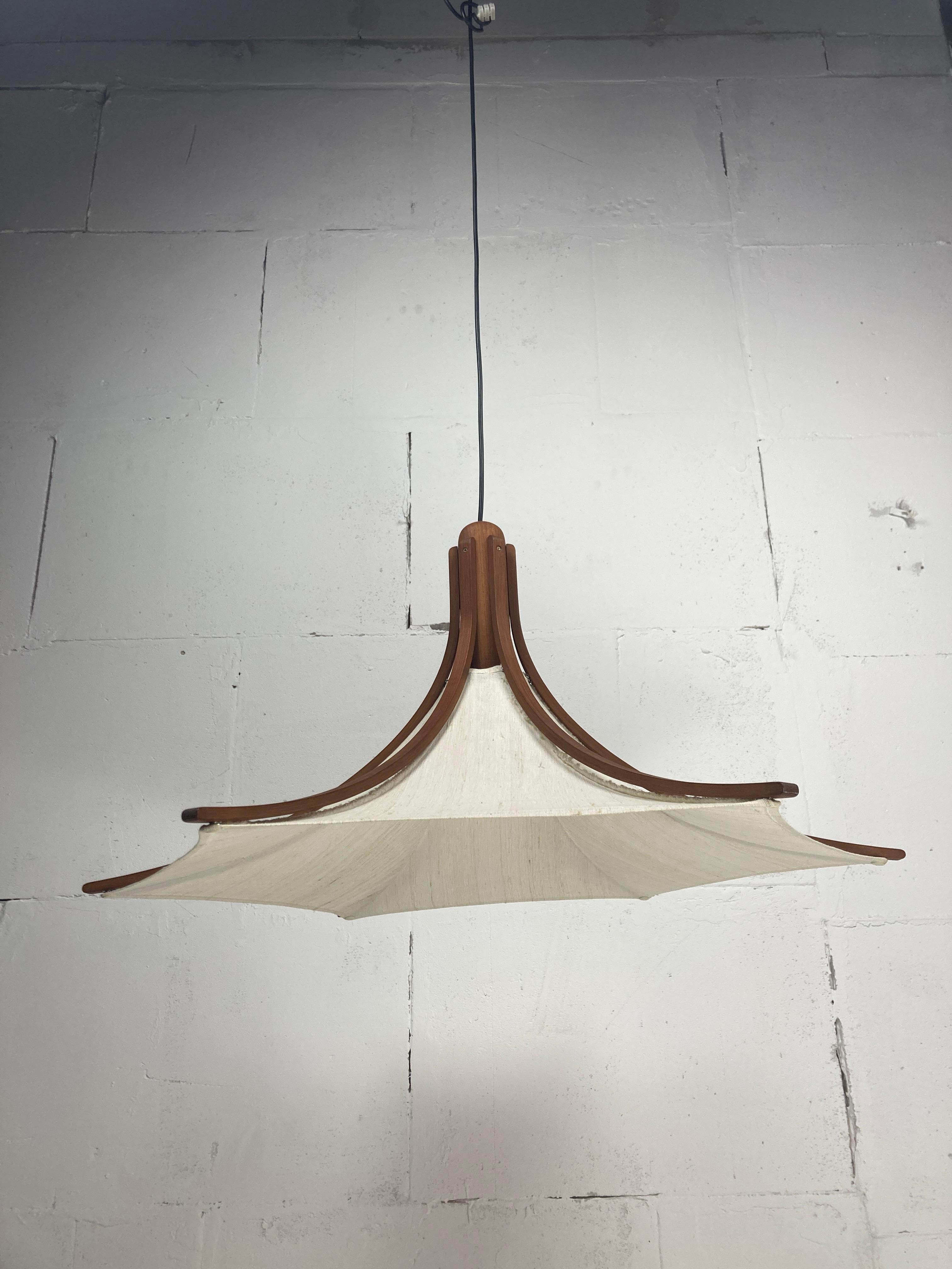 Danish Teak And Linen Umbrella Counter Balance Pendant By Domus, 1970s