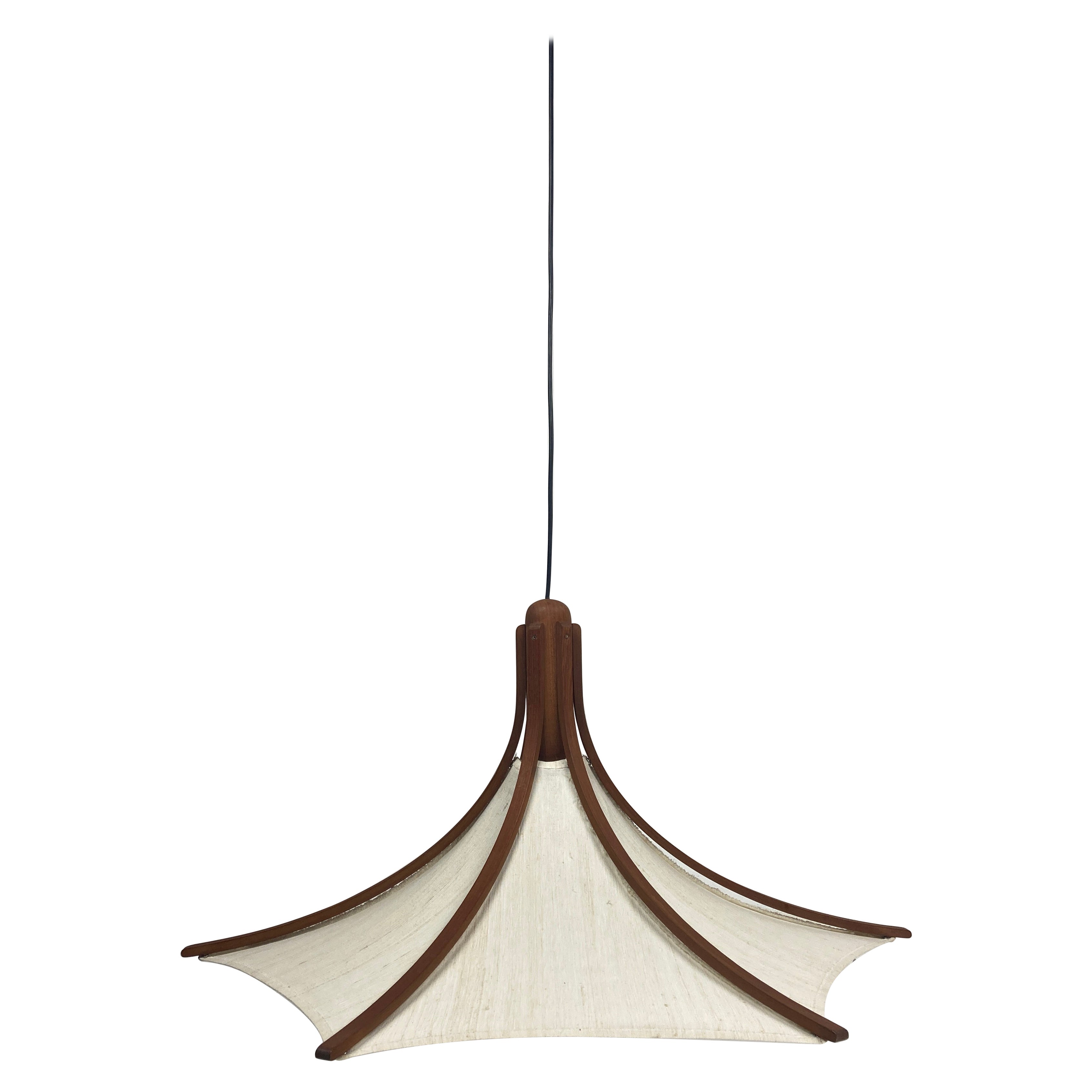 Teak And Linen Umbrella Counter Balance Pendant By Domus, 1970s